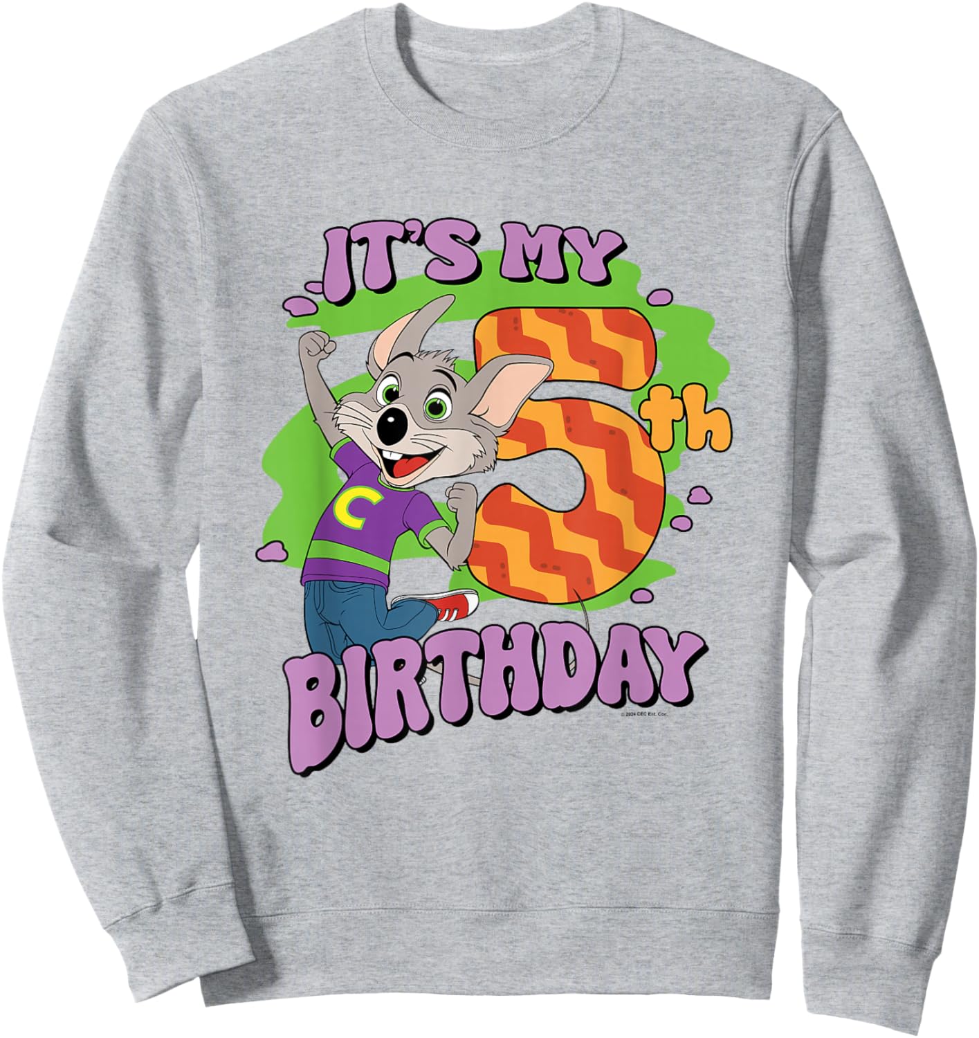 Chuck E. Cheese It's My 5th Birthday Happy Chuck Chest Logo Sweatshirt - Sweatshirt | Ash