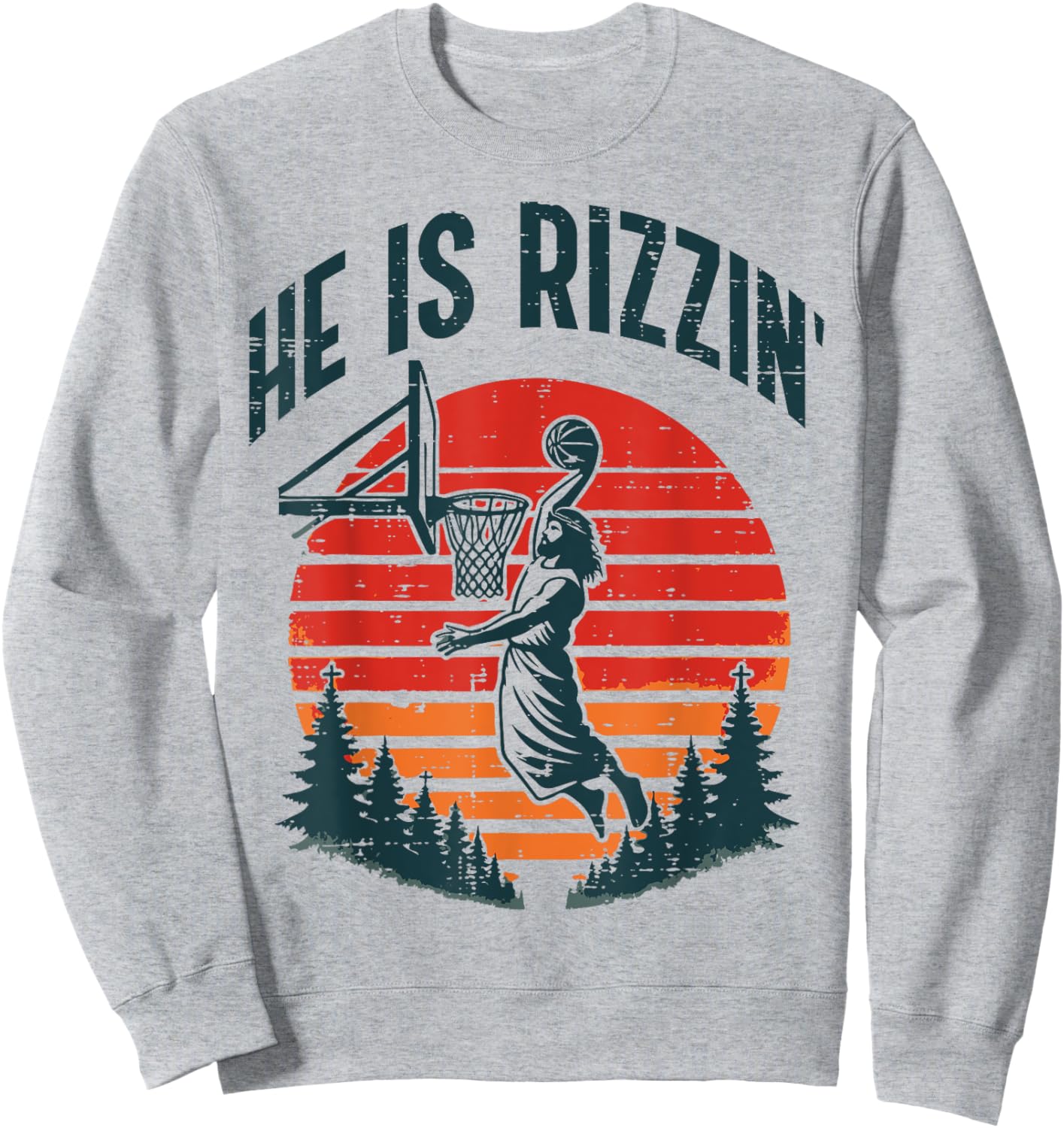 Easter He Is Rizzin Retro Basketball Religious Men Boys Kids Sweatshirt - Sweatshirt | Ash