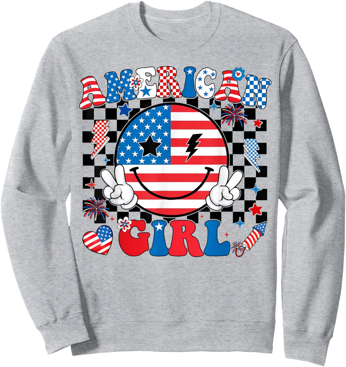 Groovy American Girl Smile Face 4th of July Shirts Women Sweatshirt - Sweatshirt | Ash