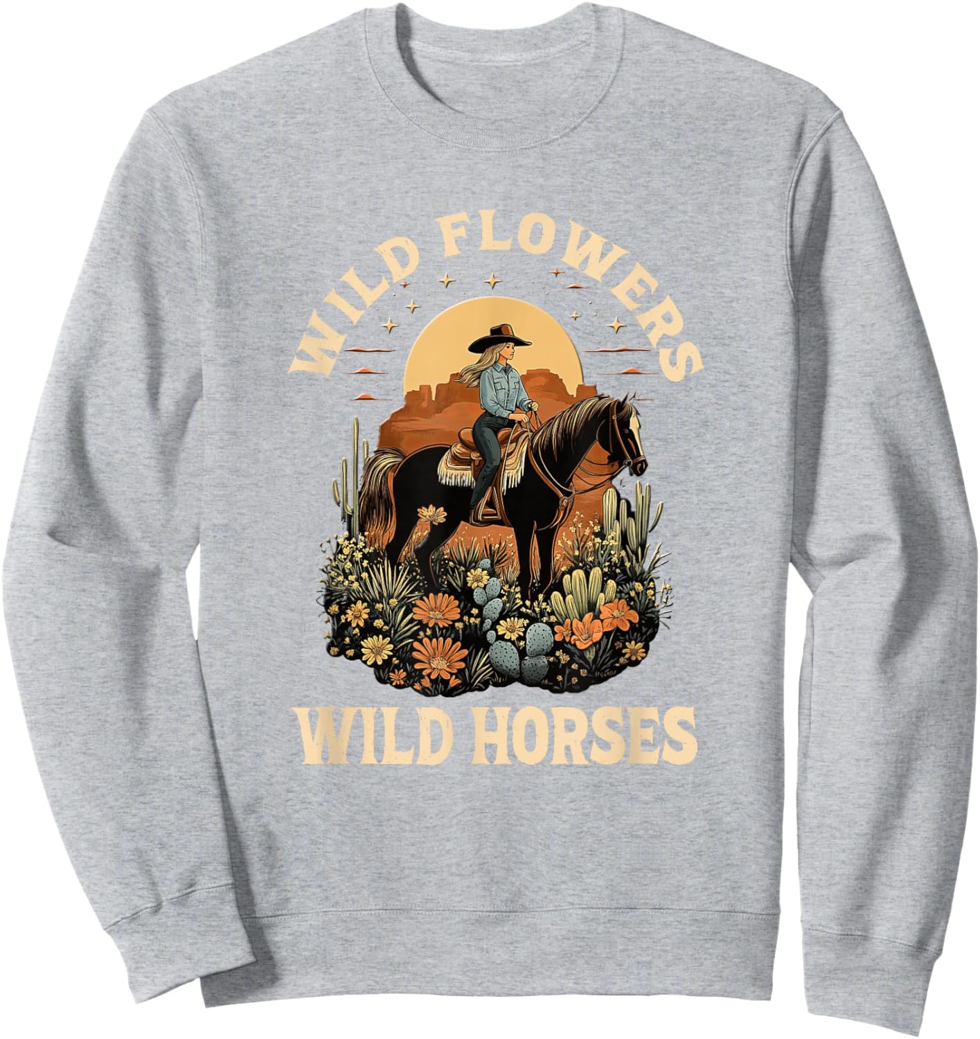 Western Sunset Cowgirl Riding Horse Wild Flowers Wild Horses Sweatshirt - Sweatshirt | Ash