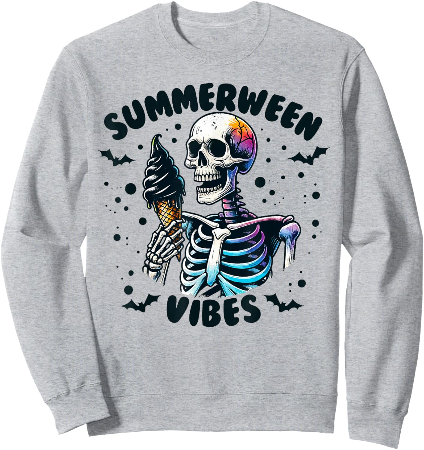 Summerween Vibes Skeleton Ice Cream Summer Vacation Funny Sweatshirt - Sweatshirt | Ash