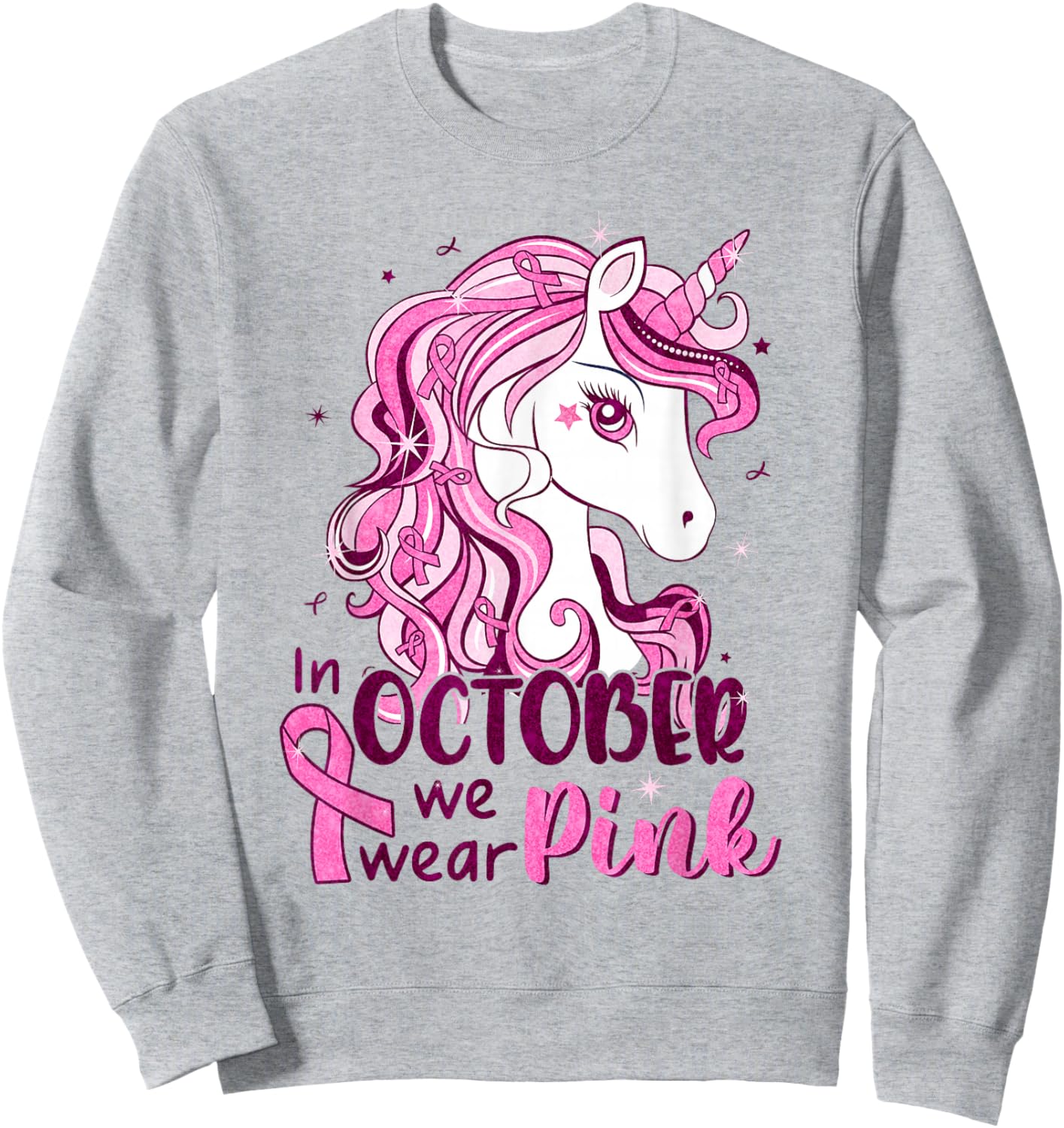 In October We Wear Pink Unicorn Breast Cancer Shirts Girls Sweatshirt - Sweatshirt | Ash