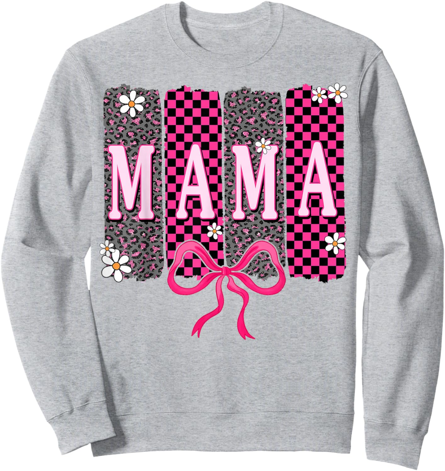 Checkered Mama Coquette Bow Mama Flower Mother's Day Leopard Sweatshirt - Sweatshirt | Ash