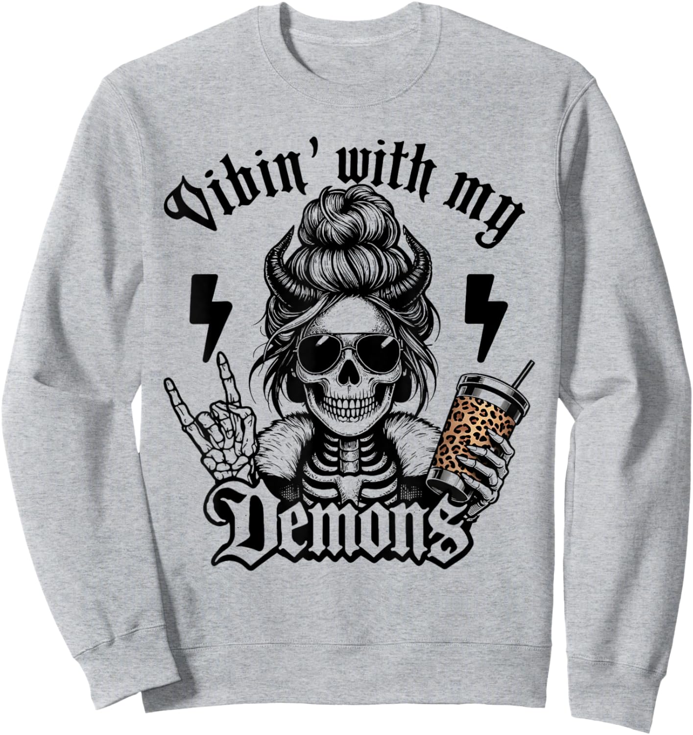 Vibin with My Demons Gothic Skeleton Messy Bun Art Sweatshirt - Sweatshirt | Ash
