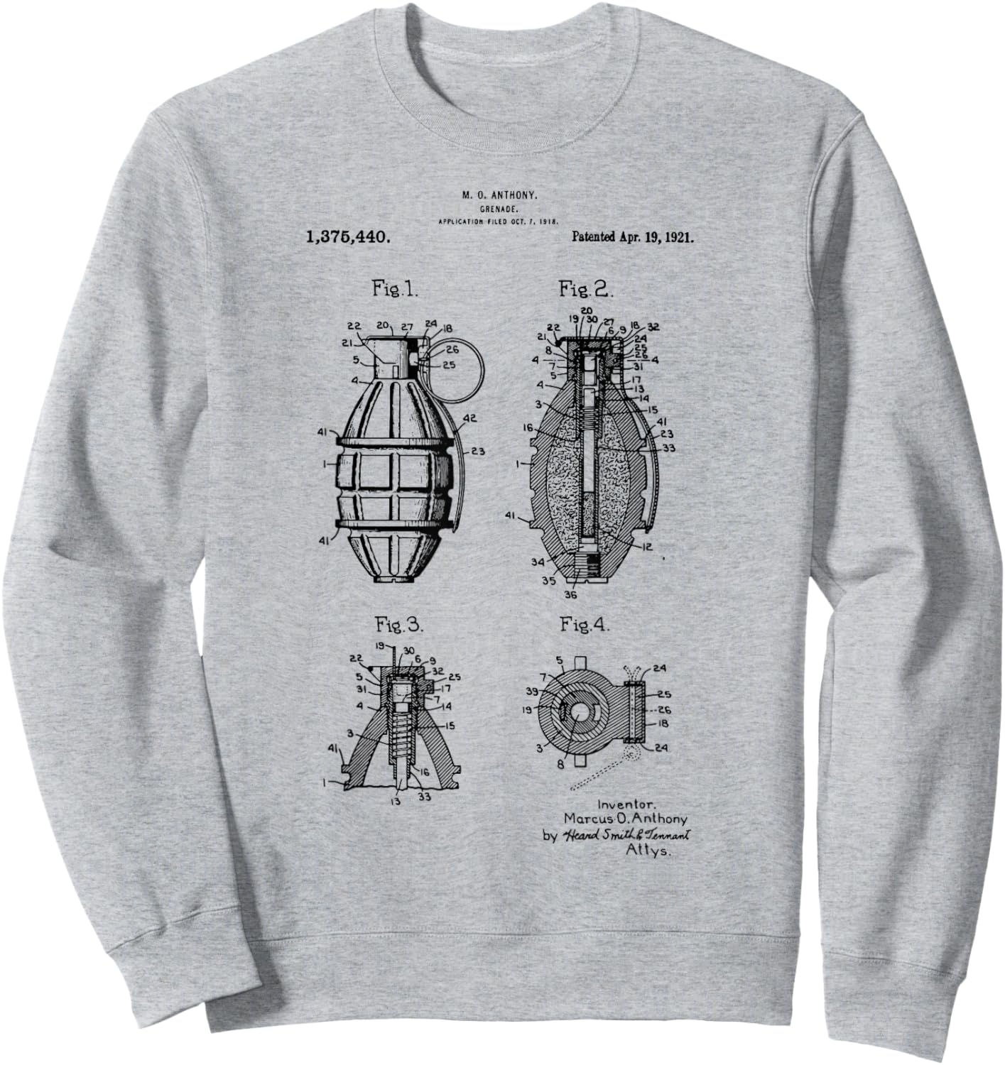 Weapon Gun Military Hand Grenade Patent 1918 Bomb Sweatshirt - Sweatshirt | Ash