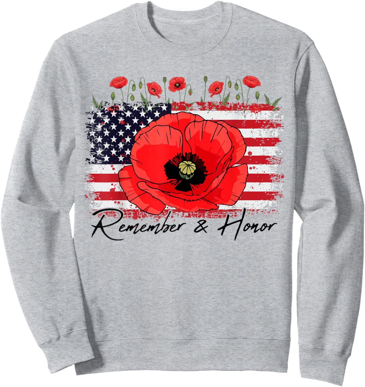 Memorial Day Remember Honor Patriotic USA Flag Flower Women Sweatshirt - Sweatshirt | Ash