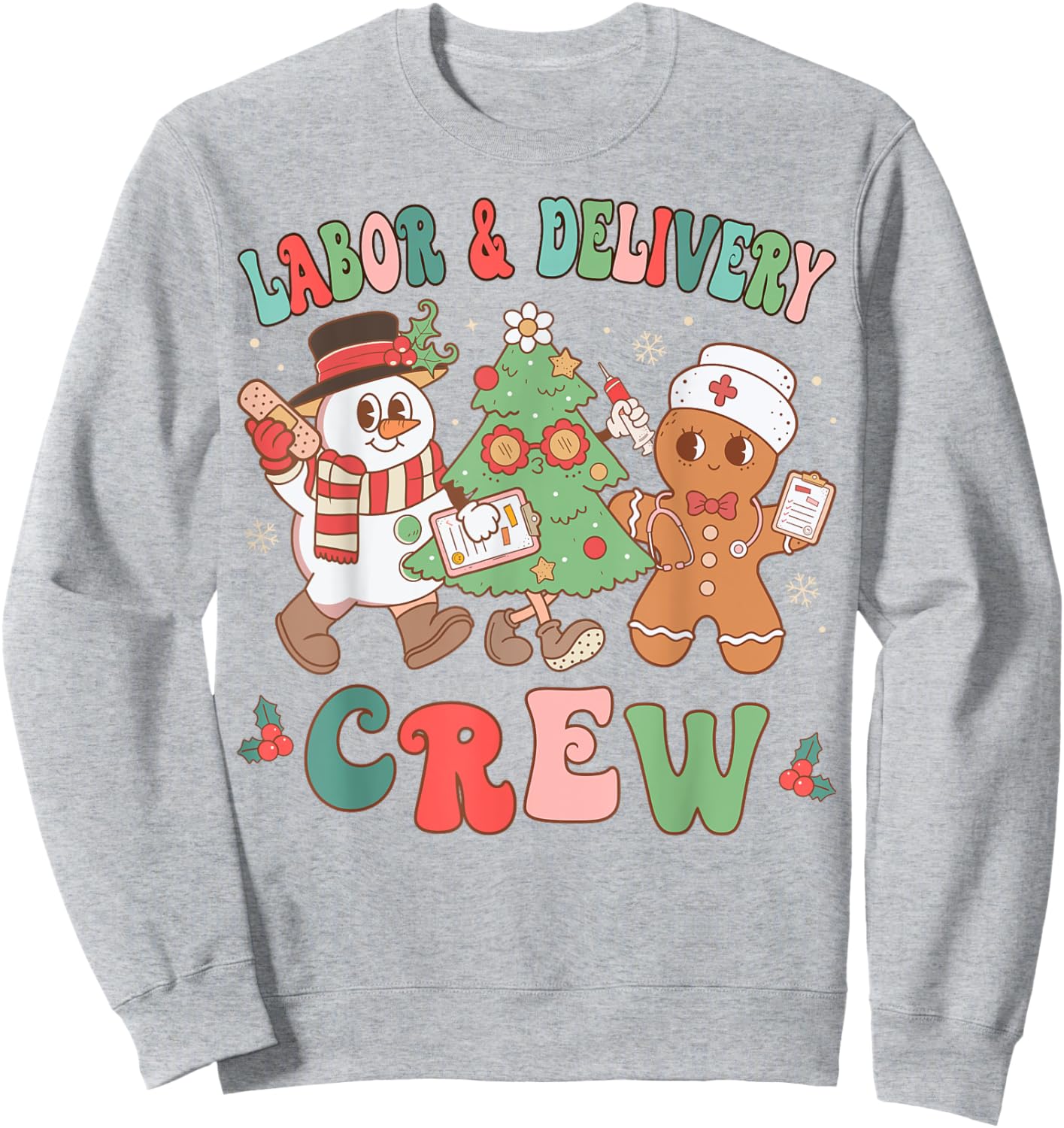 Labor & Delivery Nurse Crew Christmas Tree Retro Nurse Sweatshirt - Sweatshirt | Ash