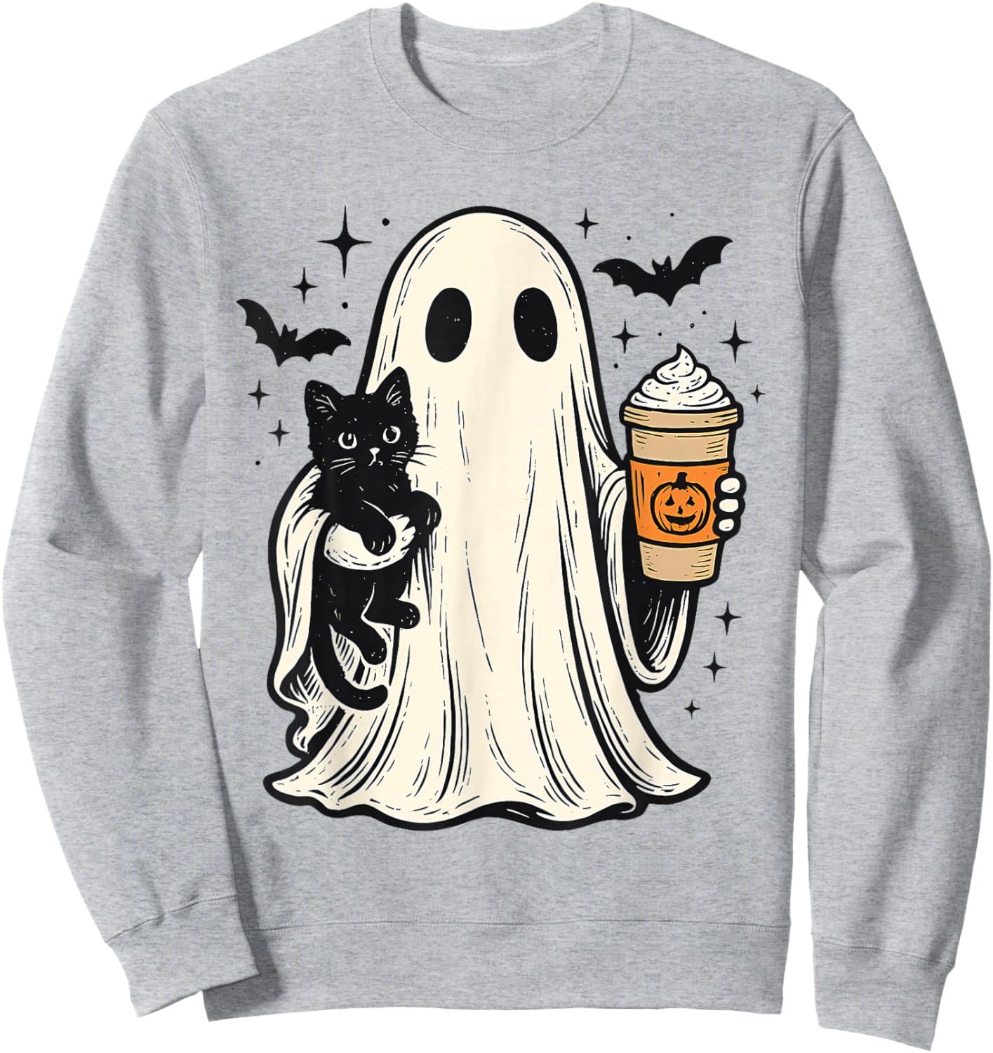 Cute Halloween Ghost Holding Black Cat Fall Coffee Sweatshirt - Sweatshirt | Ash