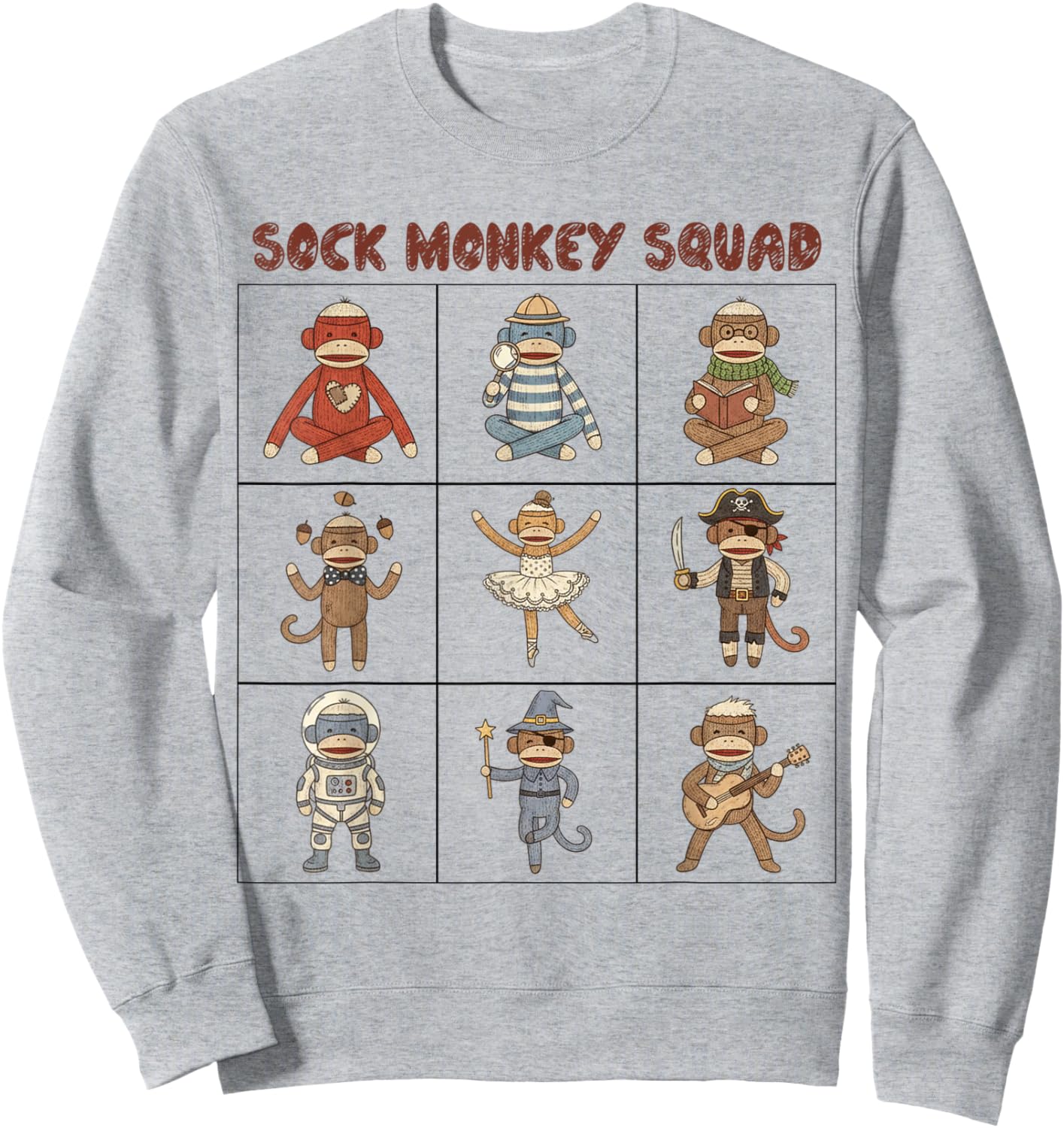 Sock Monkey Grid Graphic - Retro Vintage Sock Monkey Lovers Sweatshirt - Sweatshirt | Ash