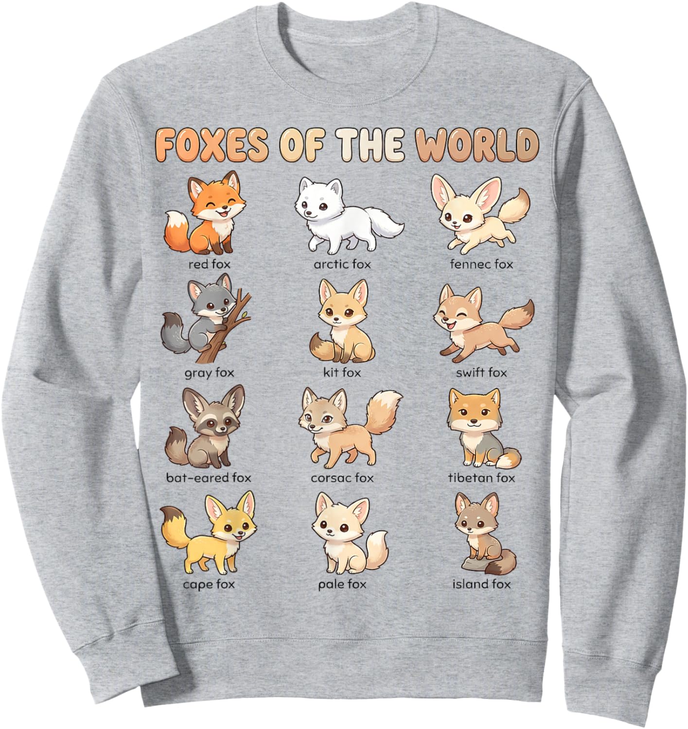 Foxes of the World Names Chart for Kids Cute Fox Species Sweatshirt - Sweatshirt | Ash