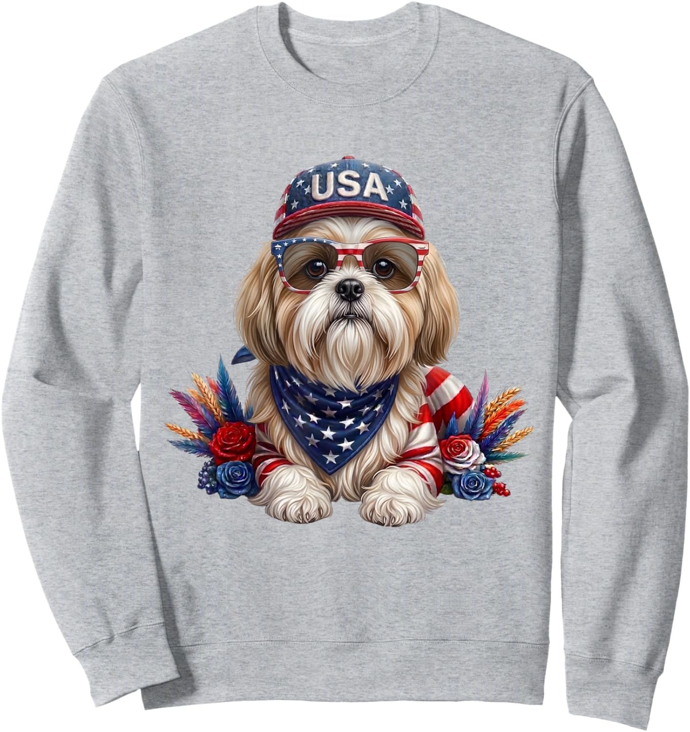 4th of July Shih Tzu American Flag USA Patriotic Dog Sweatshirt - Sweatshirt | Ash