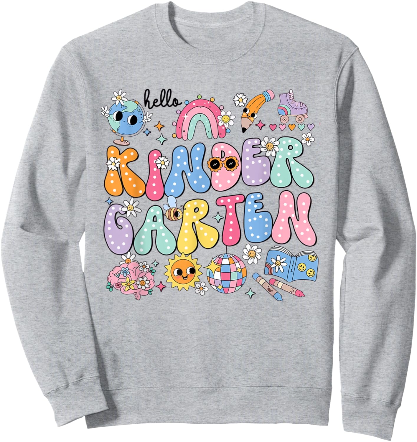 Retro Hello Kindergarten Disco Ball Teacher Rainbow Kids Sweatshirt - Sweatshirt | Ash