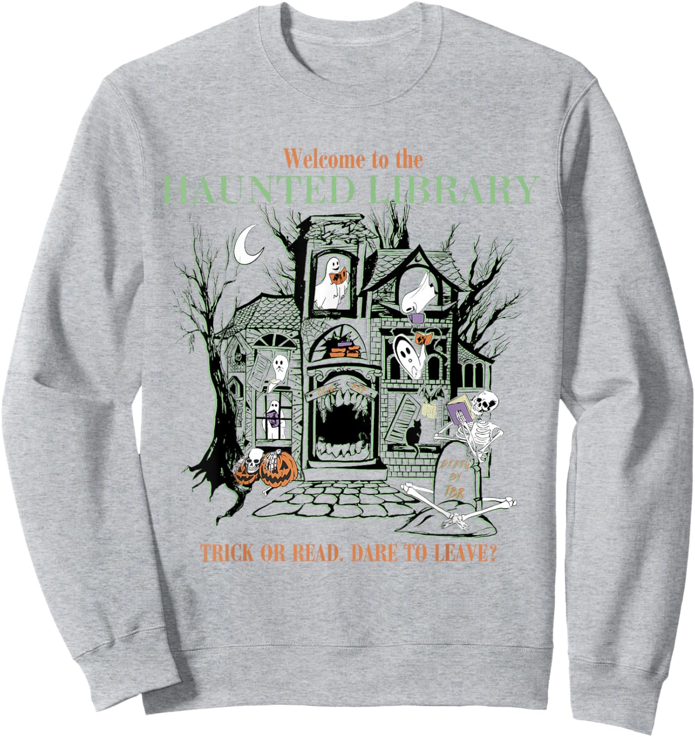 Retro Welcome To The Haunted Library Book Lovers Halloween Sweatshirt - Sweatshirt | Ash