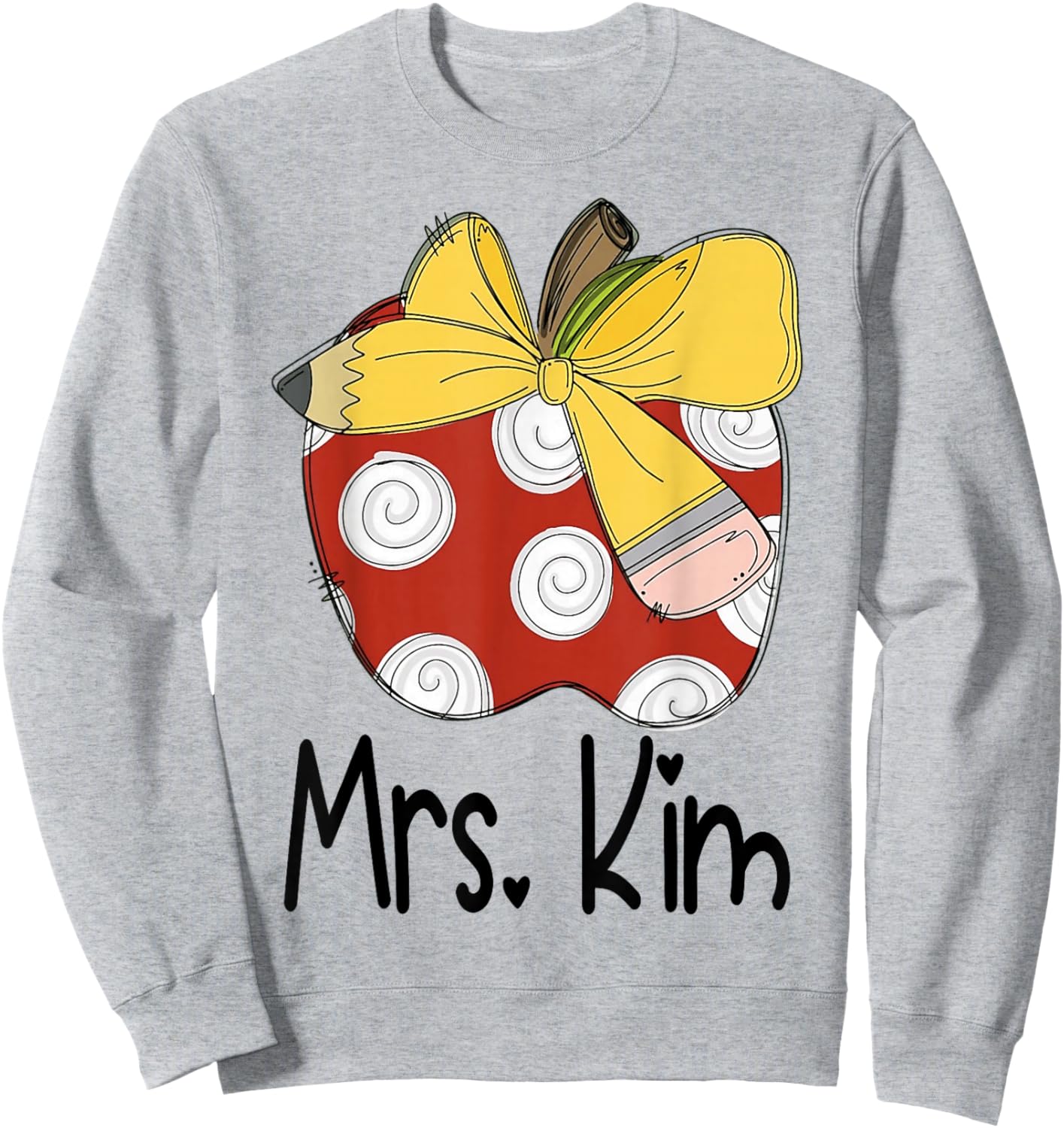 Mrs. Kim Apple Pencil Bow Teacher Graphic Design Sweatshirt - Sweatshirt | Ash