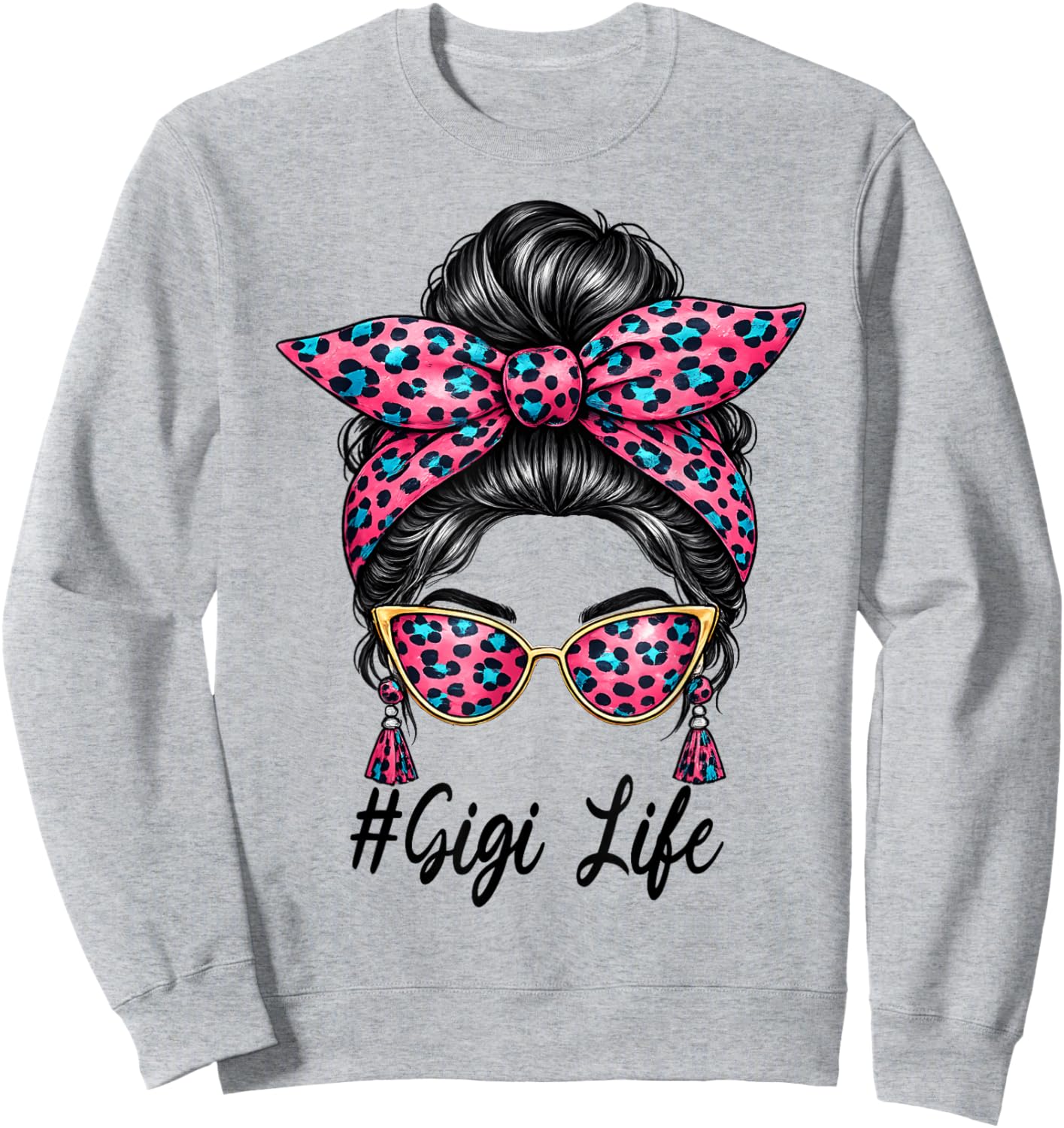 Gigi Life Mother's Day Leopard Messy Bun Mom Women Grandma Sweatshirt - Sweatshirt | Ash