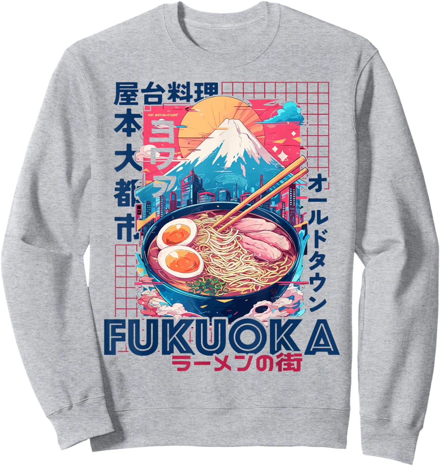 Fukuoka City 80s Synthwave Ramen Bowl of Japan Sweatshirt - Sweatshirt | Ash