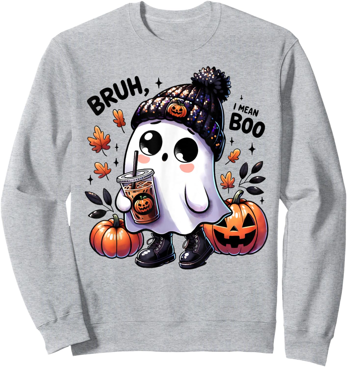 Bruh I Mean Boo Funny Ghost Jack O Lantern Coffee Halloween Sweatshirt - Sweatshirt | Ash