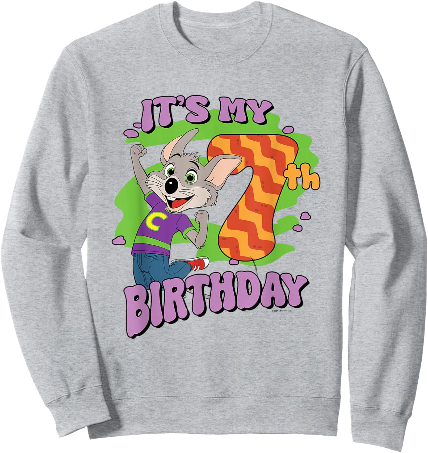 Chuck E. Cheese It's My 7th Birthday Happy Chuck Chest Logo Sweatshirt - Sweatshirt | Ash
