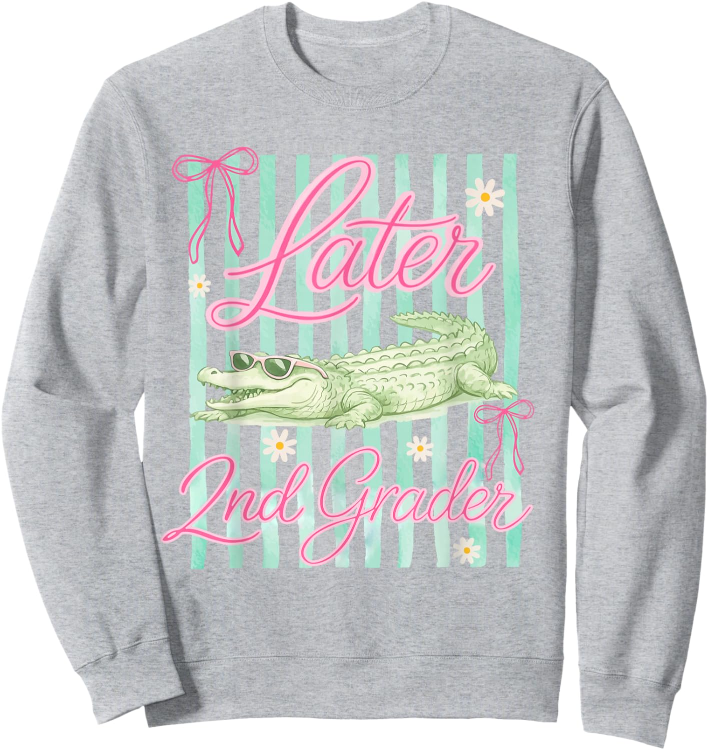 Striped Last Day of School Later 2nd Grader Gator Alligator Sweatshirt - Sweatshirt | Ash