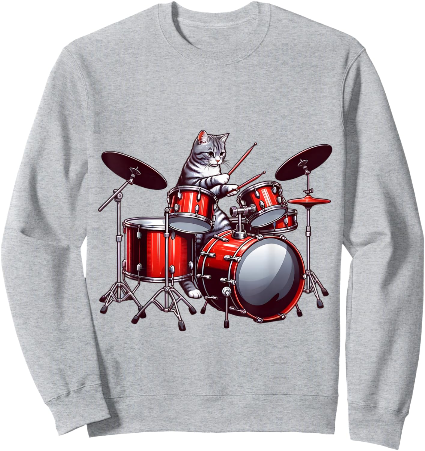 Cat Playing Drums Funny Percussionist Drummer Cat Graphic Sweatshirt - Sweatshirt | Ash