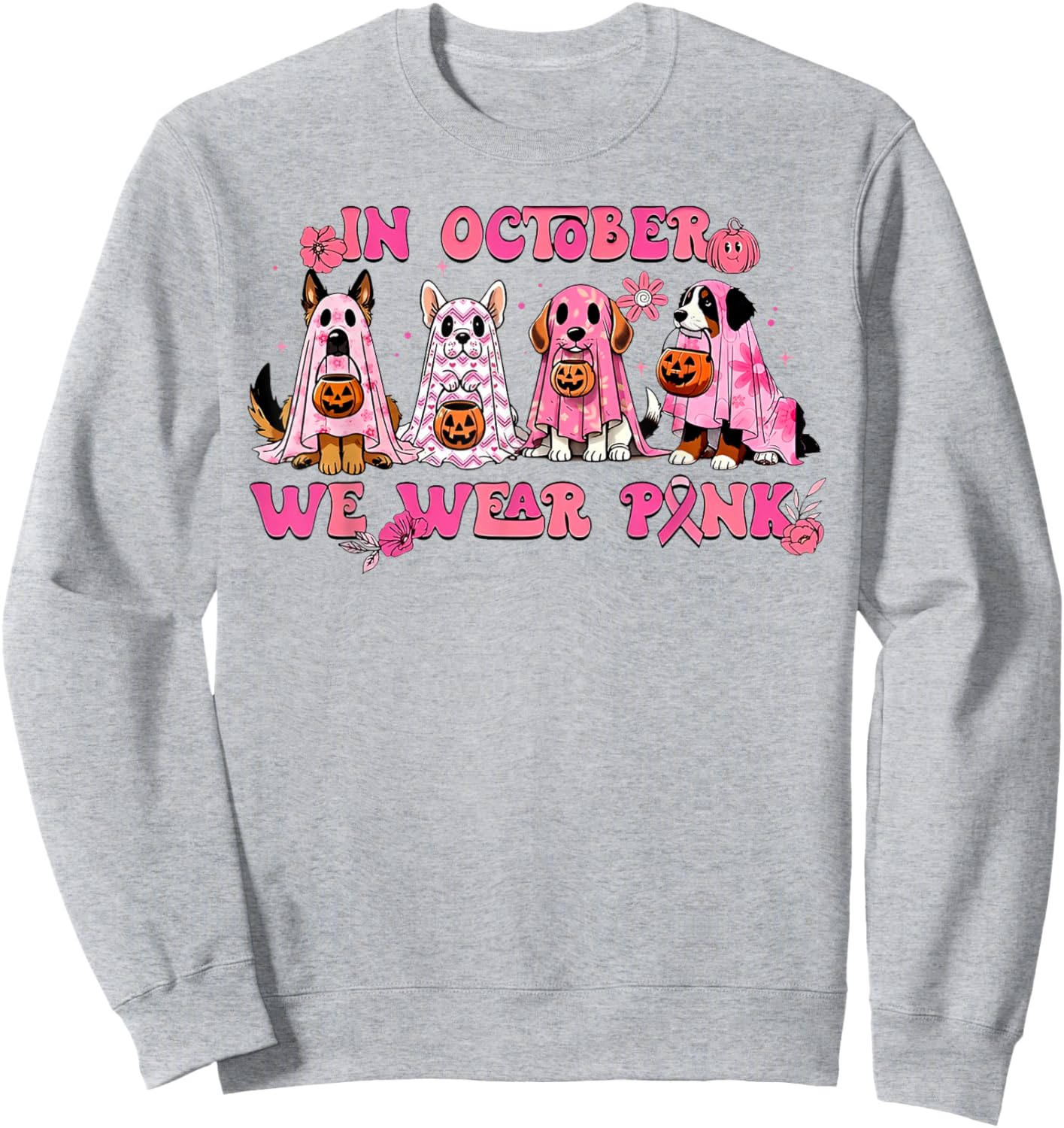 In October We Wear Pink Dog Ghost Breast Cancer Awareness Sweatshirt - Sweatshirt | Ash