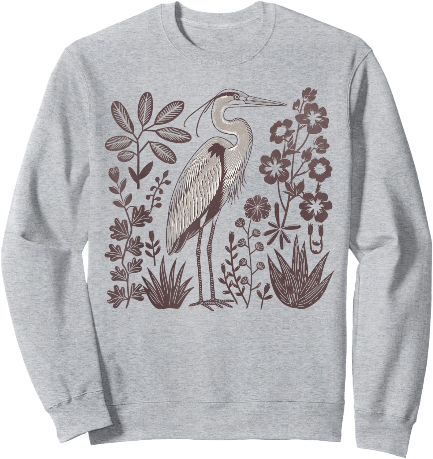 Heron Linocut Great Blue Heron Bird Lover Hippy Granola Girl Sweatshirt - Sweatshirt | Ash