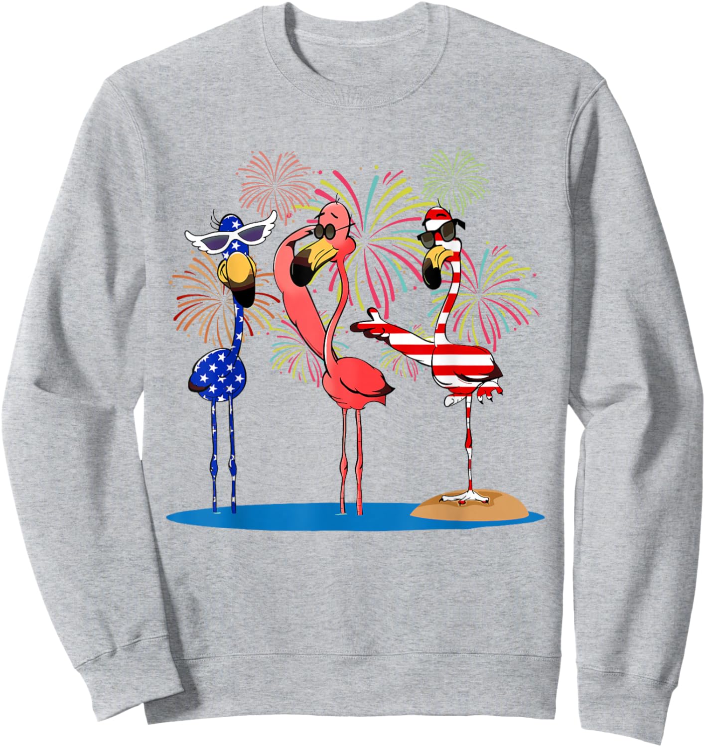 Flamingos And Fireworks Red White Blue 4th Of July American Sweatshirt - Sweatshirt | Ash