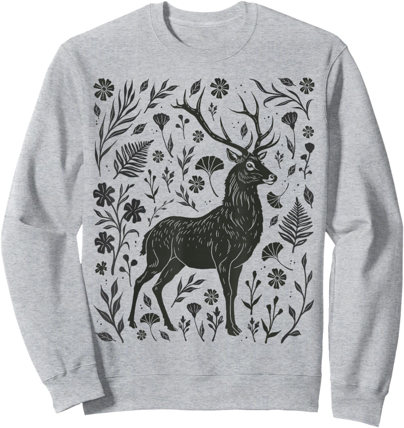 Folklore Forest Stag Linocut Nature Lino Print Deer Folk Art Sweatshirt - Sweatshirt | Ash