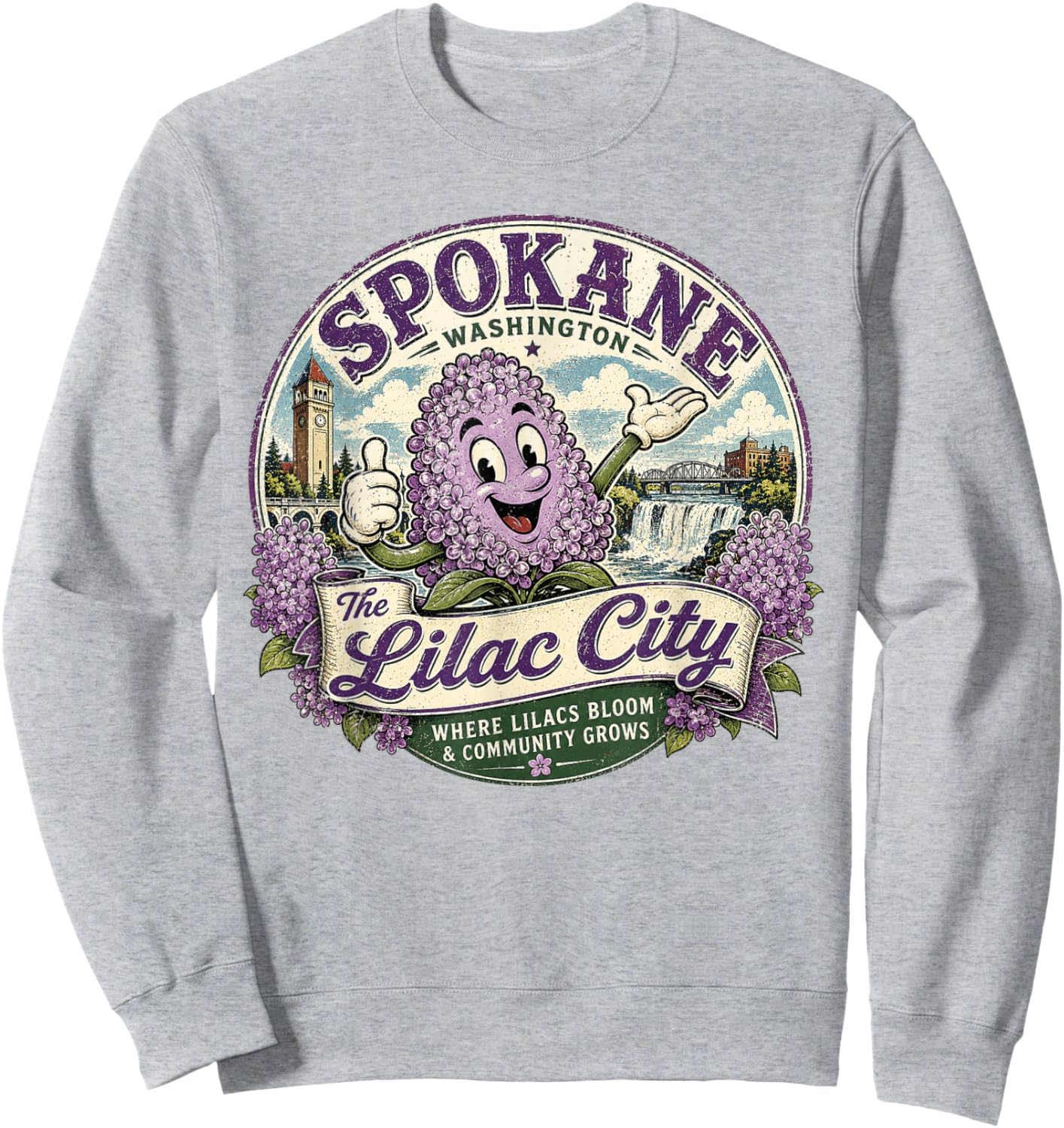 Spokane Washington - The Lilac City Vintage Graphic Mascot Sweatshirt - Sweatshirt | Ash