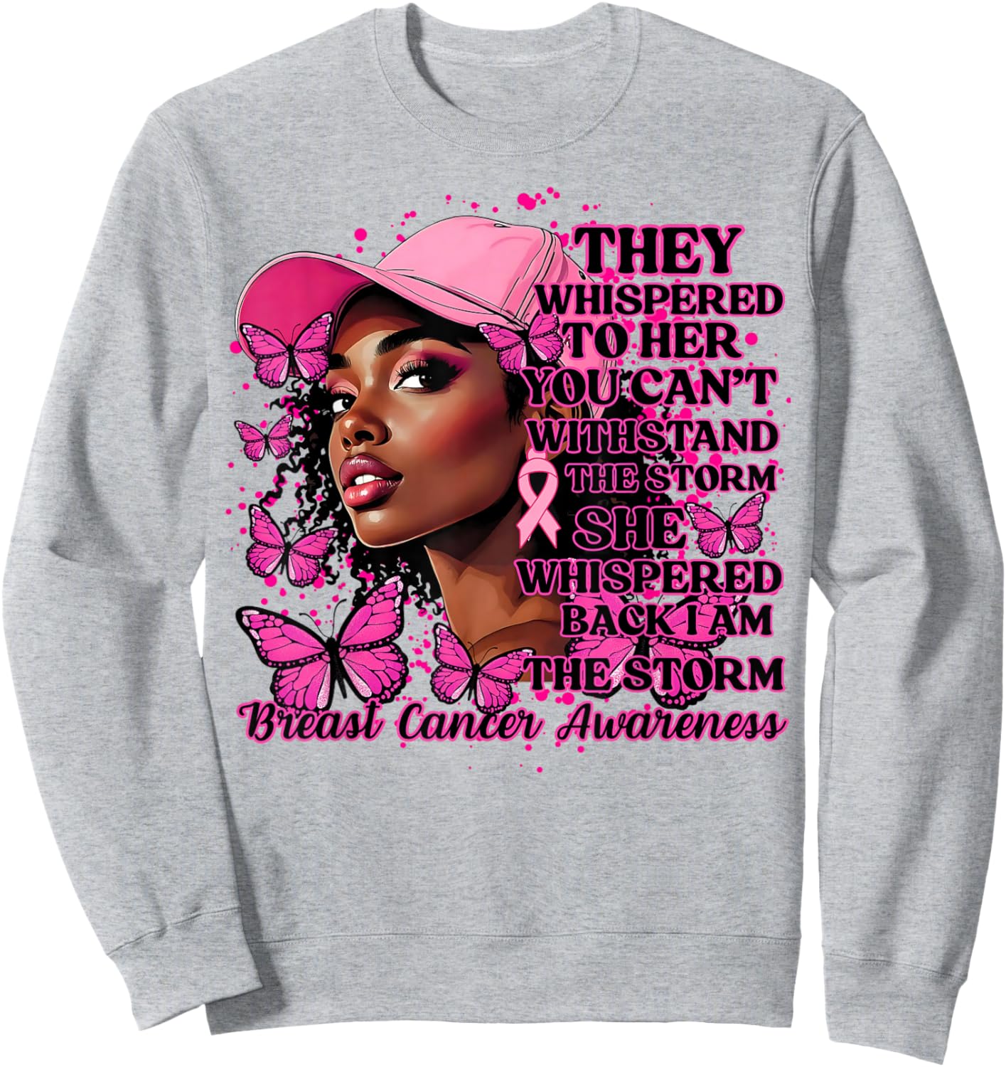 Black Afro Women Butterflies Breast Cancer Awareness Support Sweatshirt - Sweatshirt | Ash