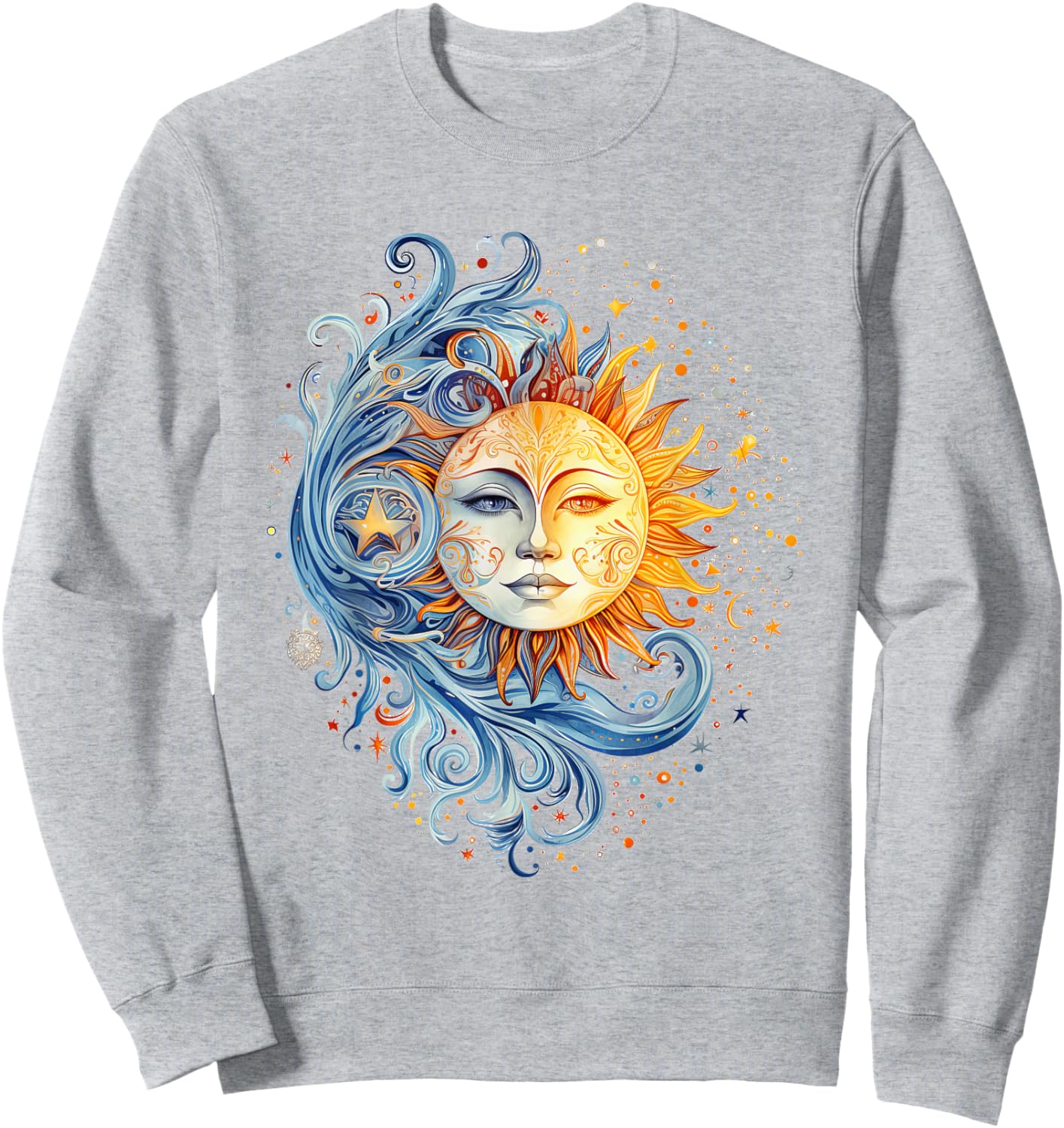 Mystical Sun and Moon with Woman Mystical Flowers Aesthetic Sweatshirt - Sweatshirt | Ash
