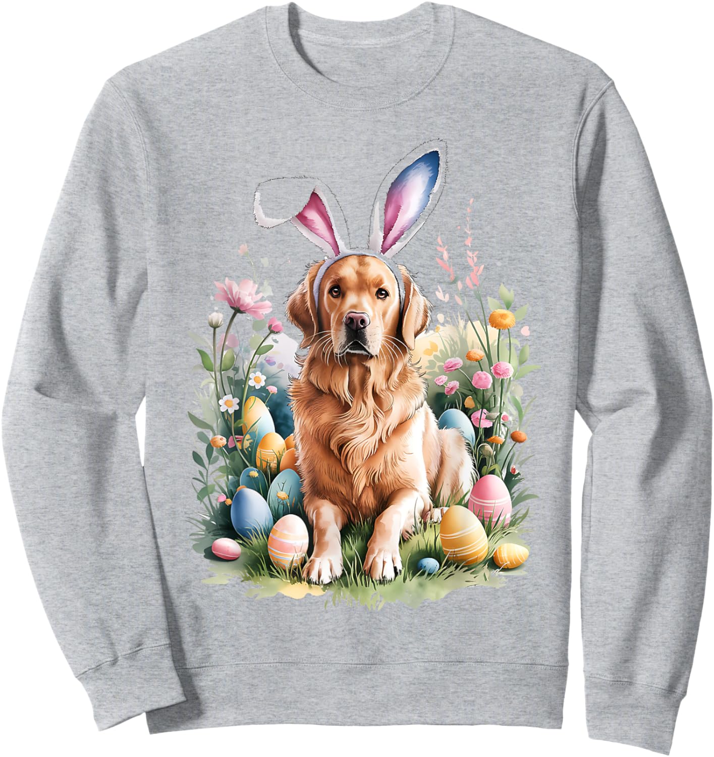 Golden Retriever Dog Bunny Ears Easter Eggs Spring Flowers Sweatshirt - Sweatshirt | Ash