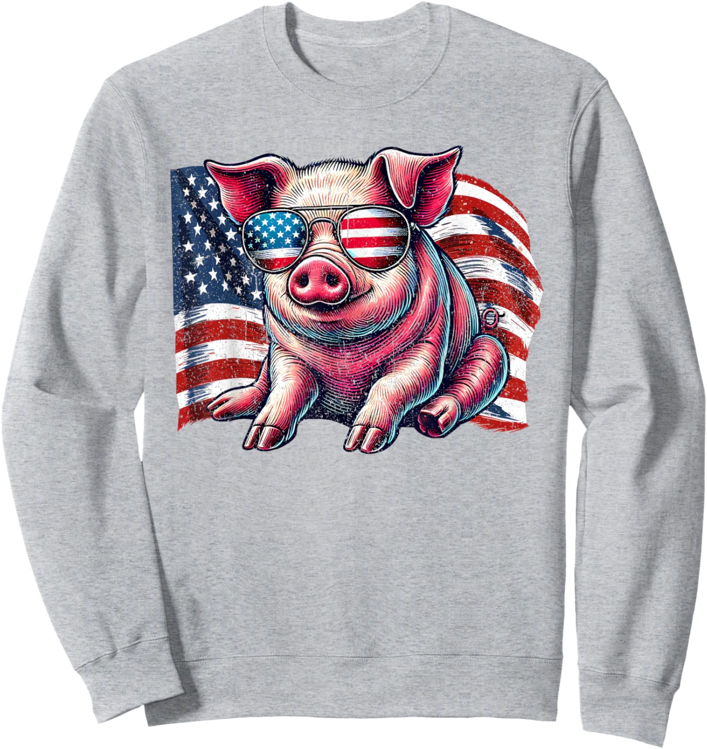 Pig Animals Lover American Flag Patriotic Sunglasses Vintage Sweatshirt - Sweatshirt | Ash