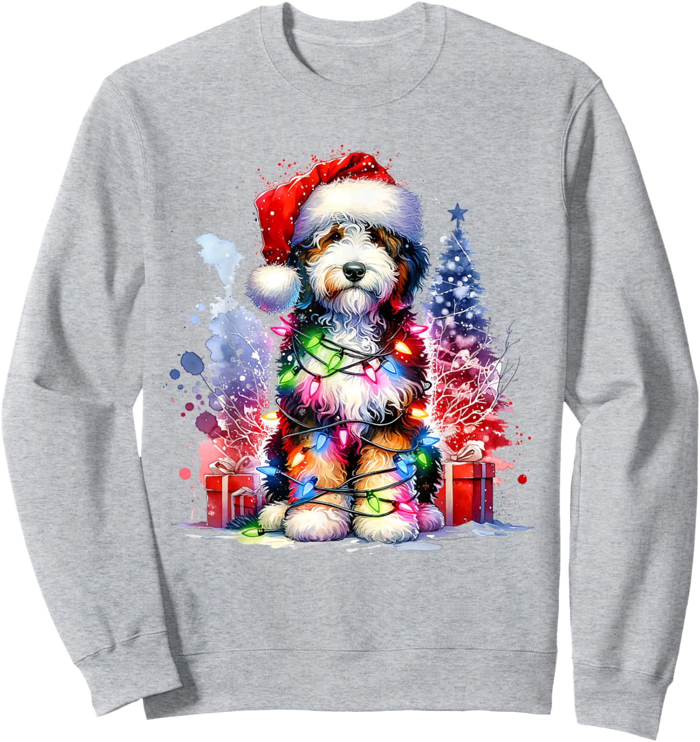 Festive Bernedoodle Dog Santa Hat Christmas Tree Lights Women Kids Sweatshirt - Sweatshirt | Ash