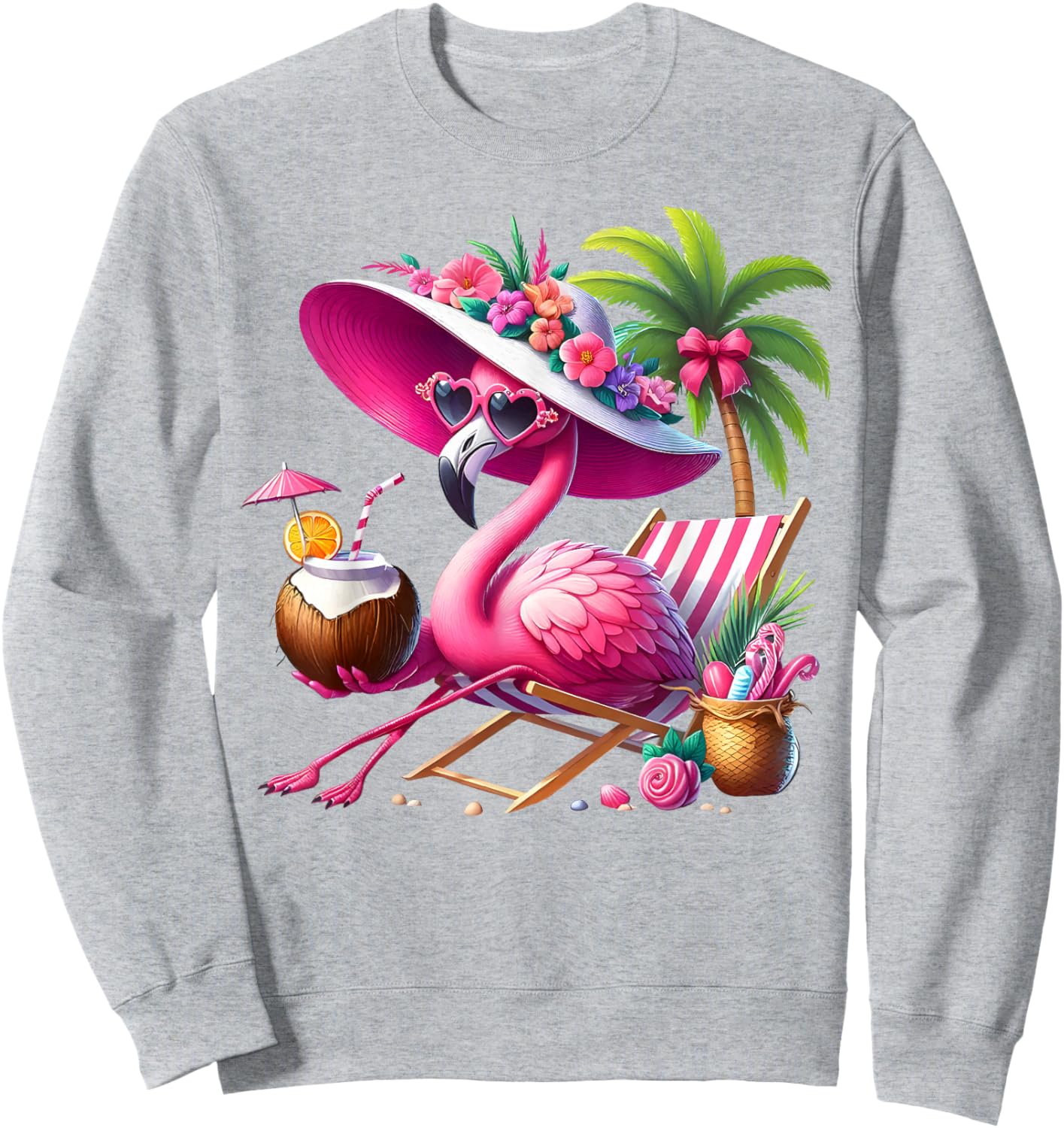 Flamingo Pink Palm Tree Tropical Beach Summer Vacation Women Sweatshirt - Sweatshirt | Ash