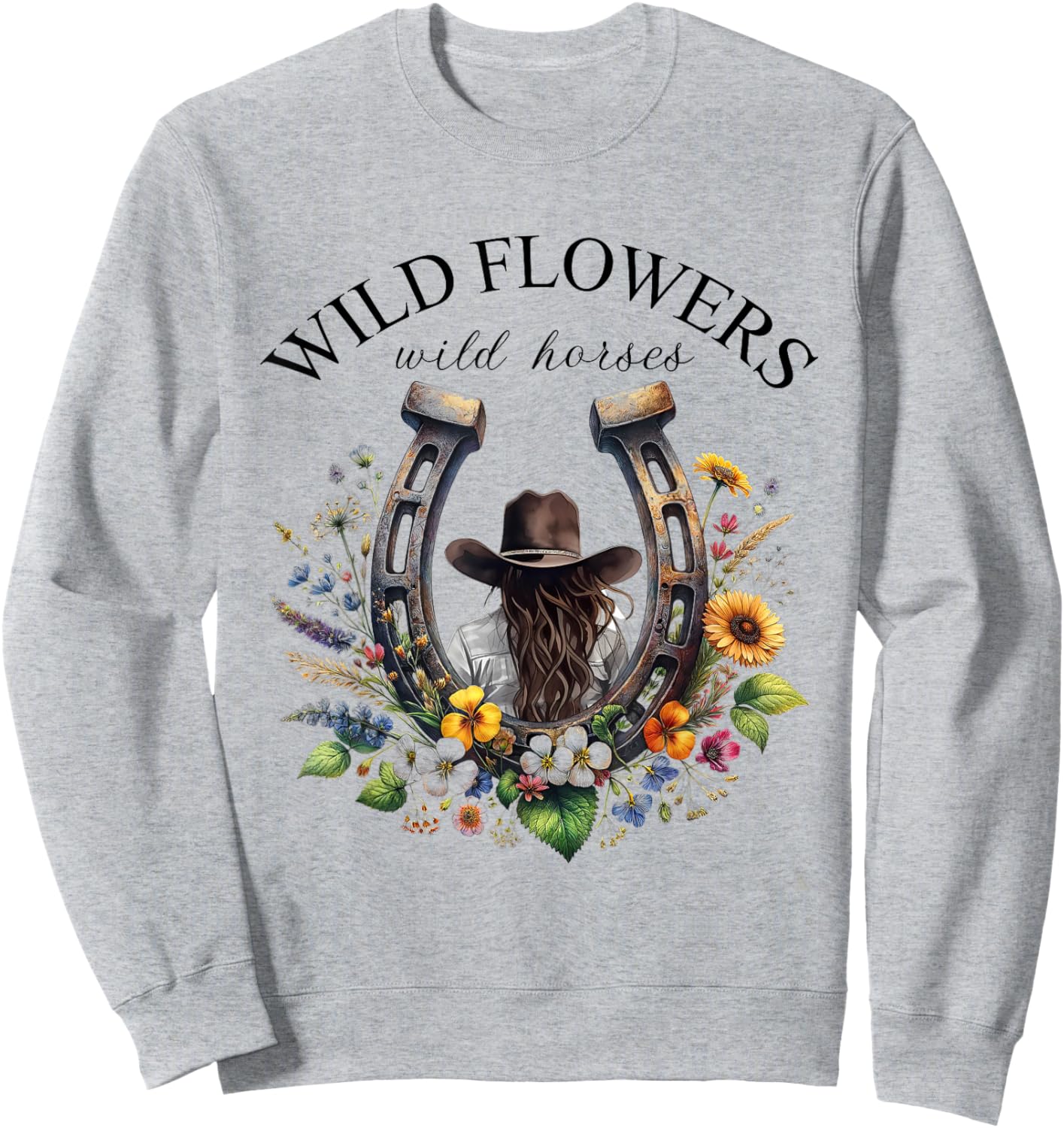 Retro Southern Sunset Cowgirl Wild Flowers - Wild Horses Sweatshirt - Sweatshirt | Ash