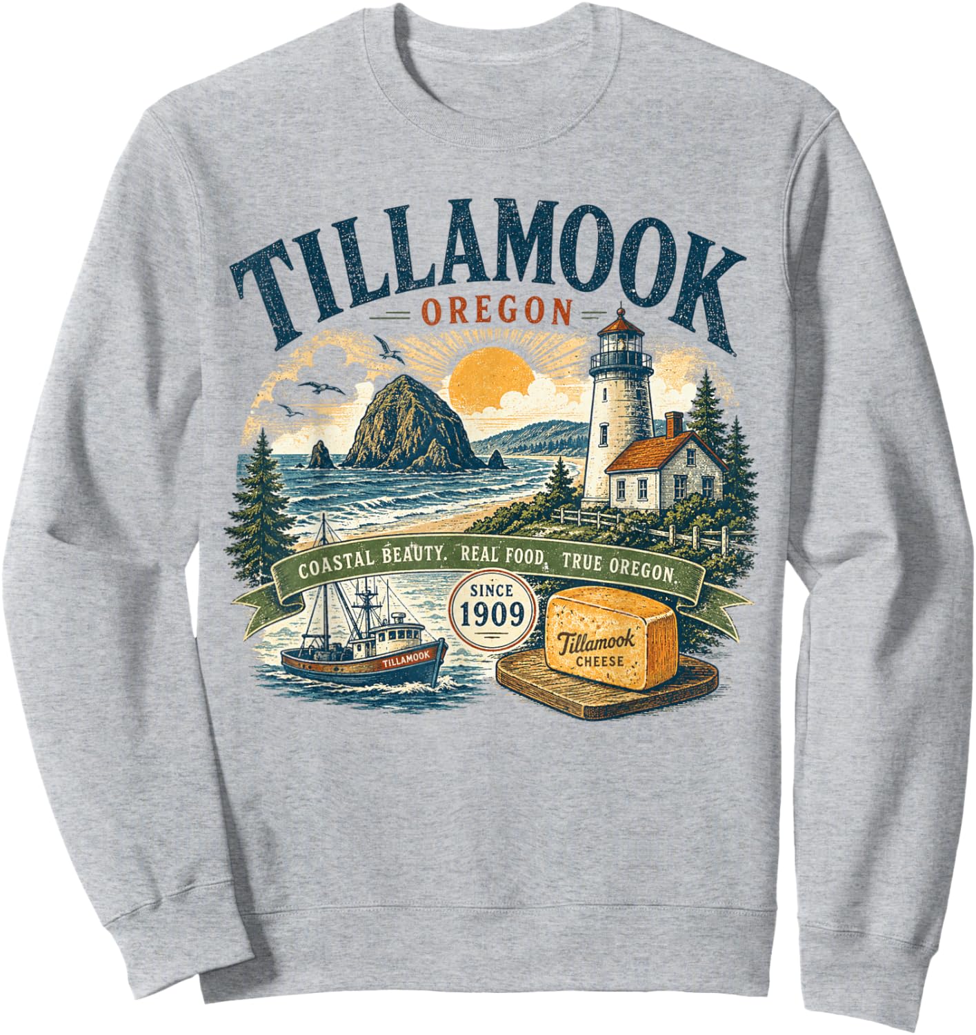 Tillamook Oregon Coastal Beauty - Vintage Retro Illustration Sweatshirt - Sweatshirt | Ash