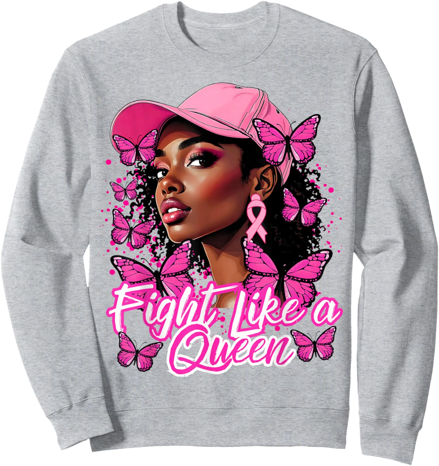 Black Afro Women Butterflies Breast Cancer Awareness Support Sweatshirt - Sweatshirt | Ash
