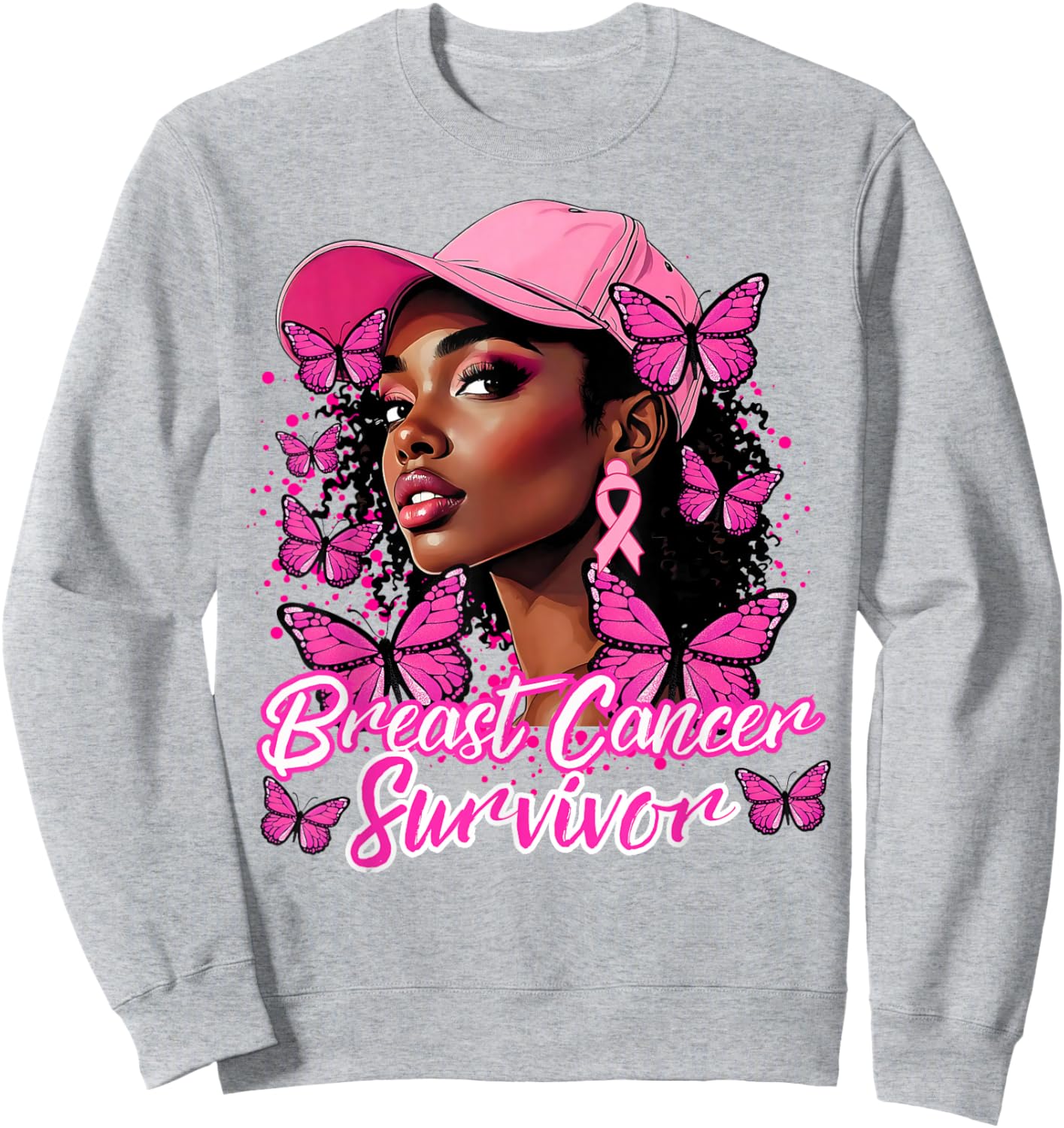 Black Afro Women Butterfly Breast Cancer Awareness Survivor Sweatshirt - Sweatshirt | Ash