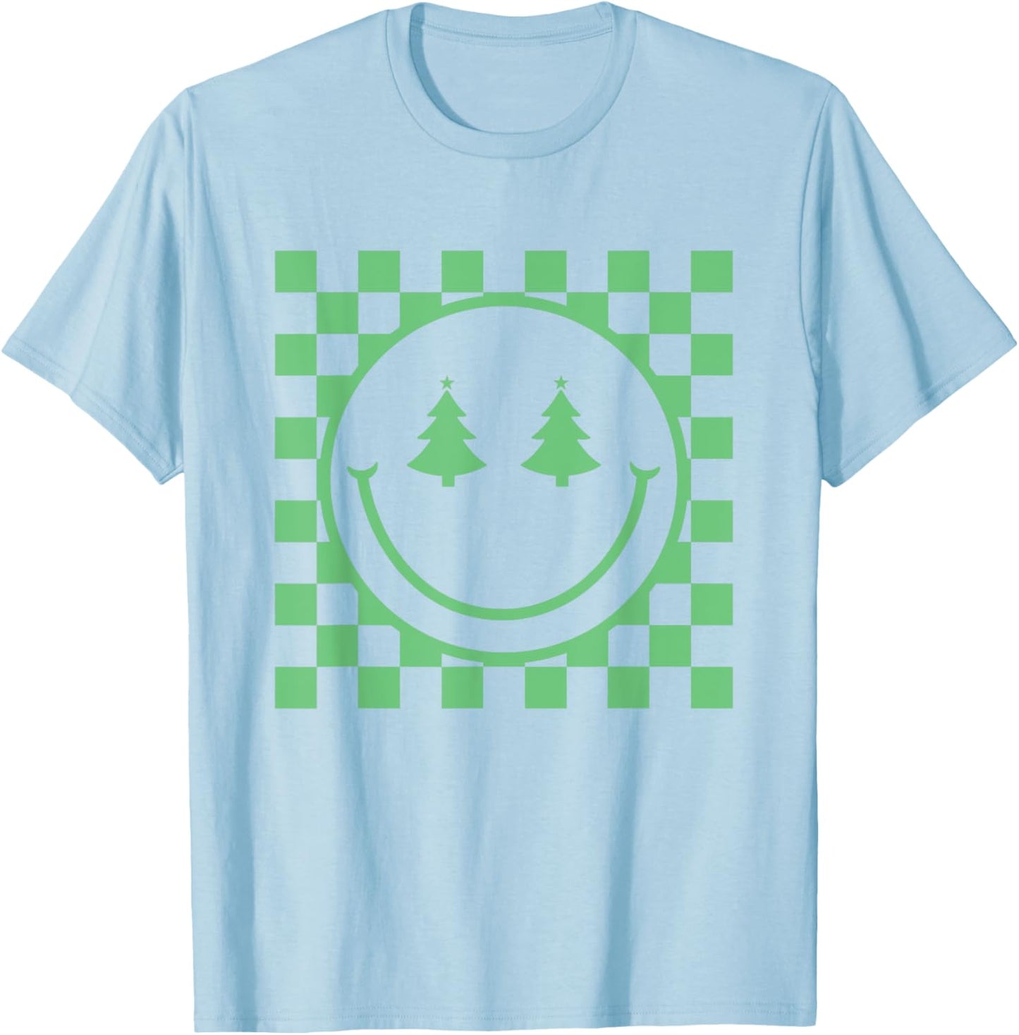 Retro Christmas Smile Face Shirt Checkered Pattern Winter T-Shirt - T-Shirt | Light Blue