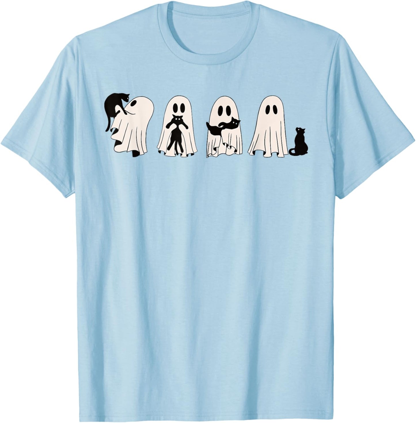 Funny Ghost Black Cat Spooky Season Trick Or Treat Halloween T-Shirt - T-Shirt | Light Blue