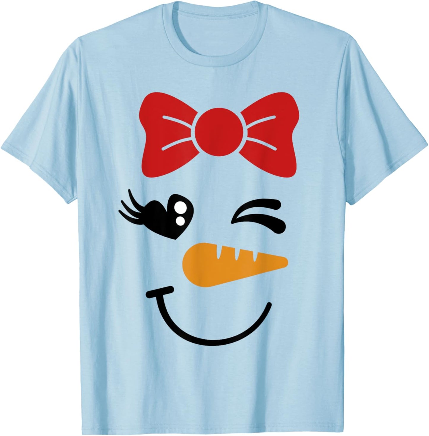 Pink Bow Snowman For Girls Cute Snowgirl Face Christmas T-Shirt - T-Shirt | Light Blue