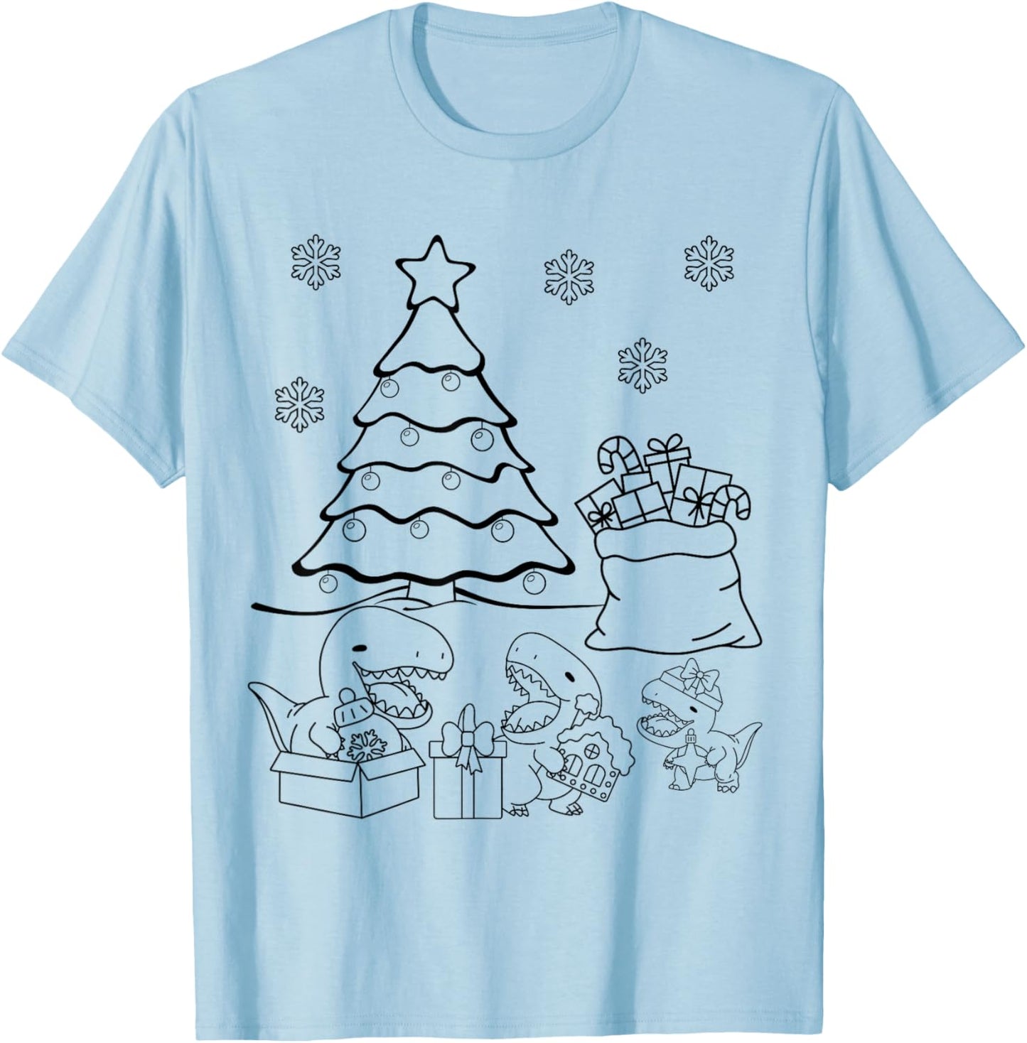 Merry Christmas Tree Dinosaurs XMAS DIY Kids Coloring T-Shirt - T-Shirt | Light Blue