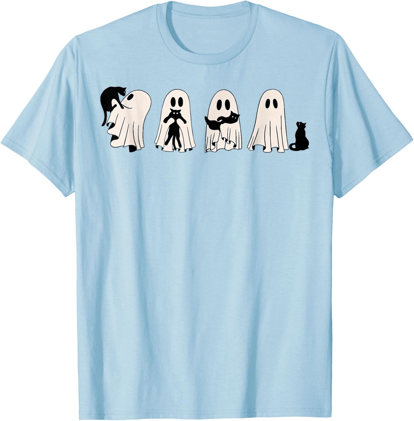 Ghost And Black Cat, Cute Ghost Holding Cat T-Shirt - T-Shirt | Light Blue