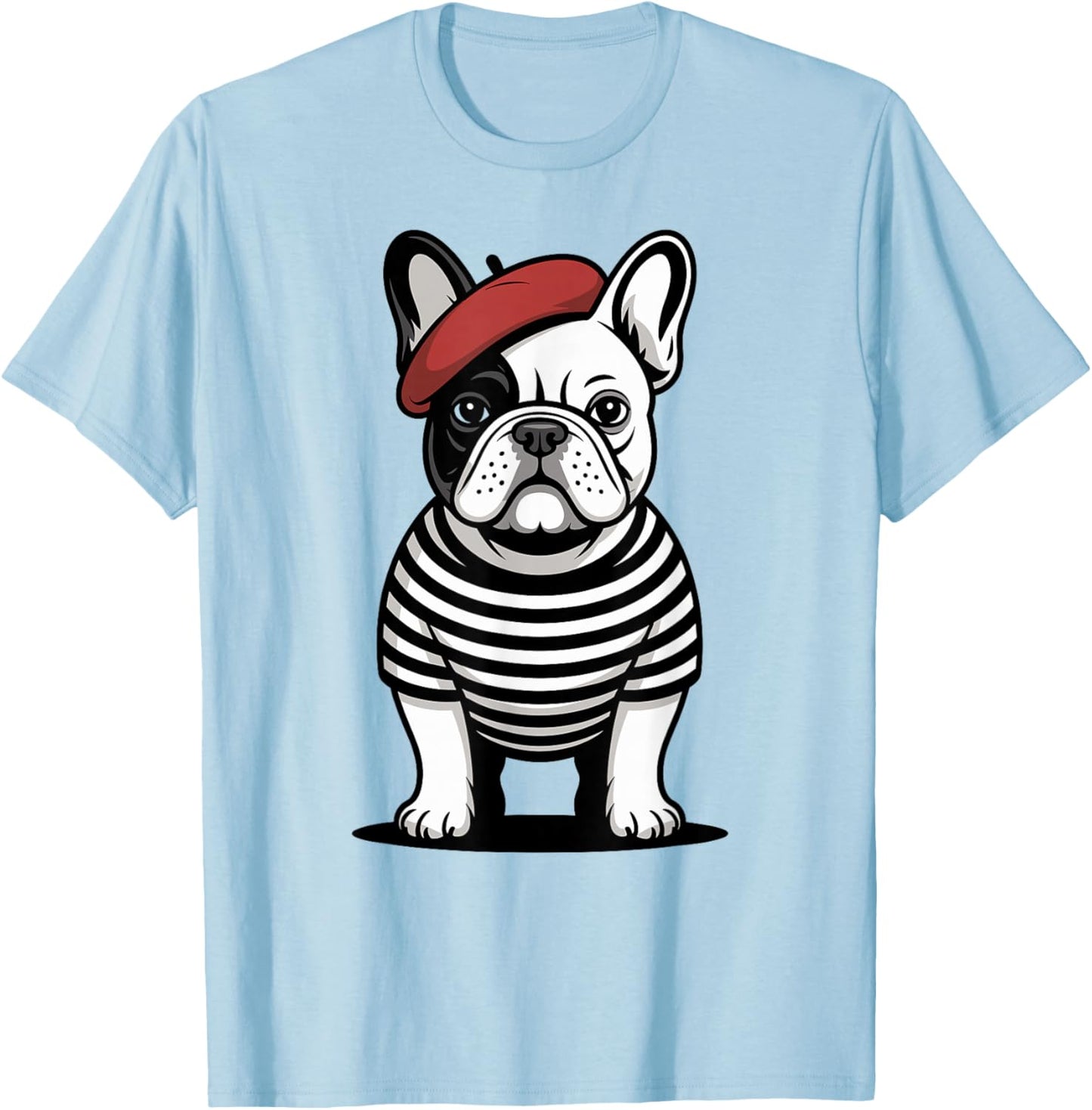 Cute French Bulldog in Striped Shirt, Red Beret Frenchie Dog T-Shirt - T-Shirt | Light Blue
