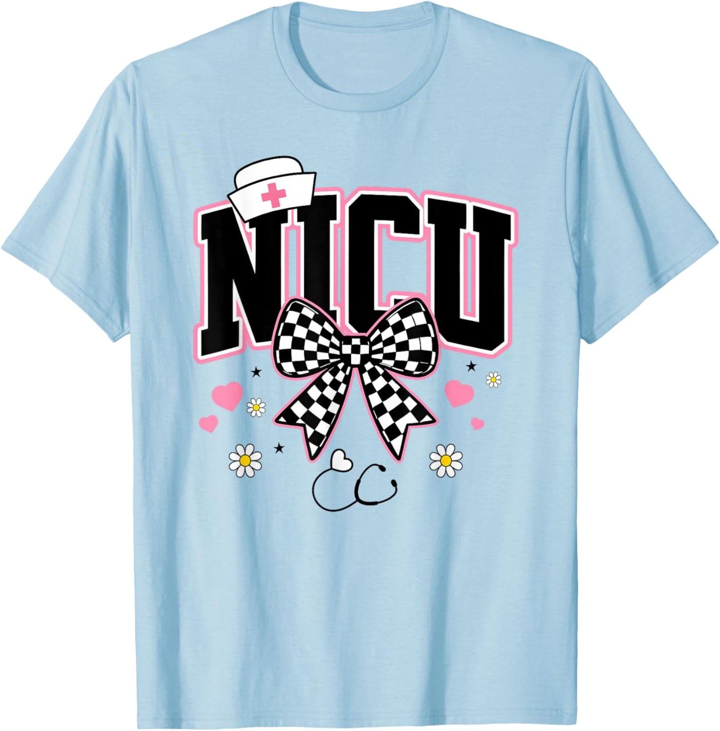 NICU Bow Certified Nursing Checkered Neonatal Care Women T-Shirt - T-Shirt | Light Blue
