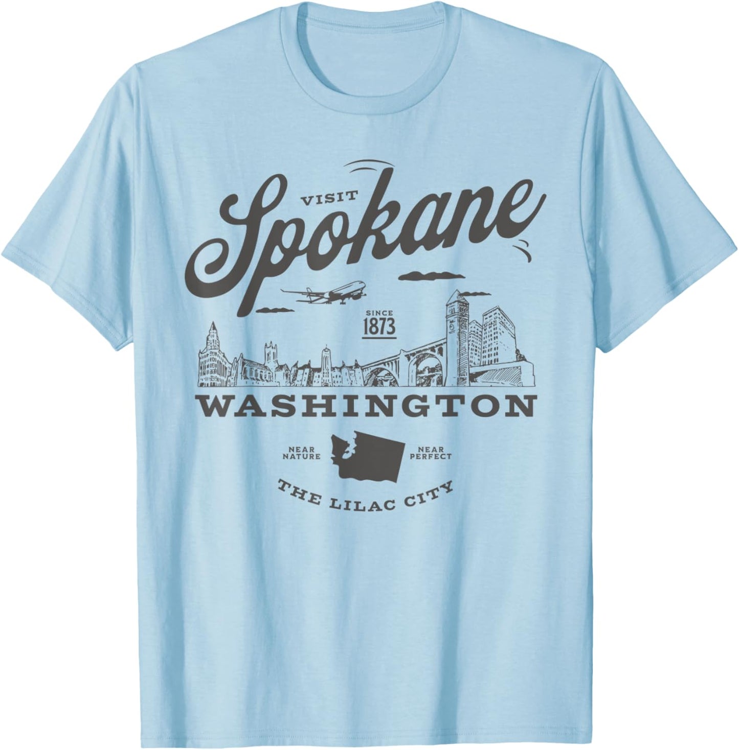 Visit Spokane Washington Since 1873 Vintage Skyline T-Shirt - T-Shirt | Light Blue