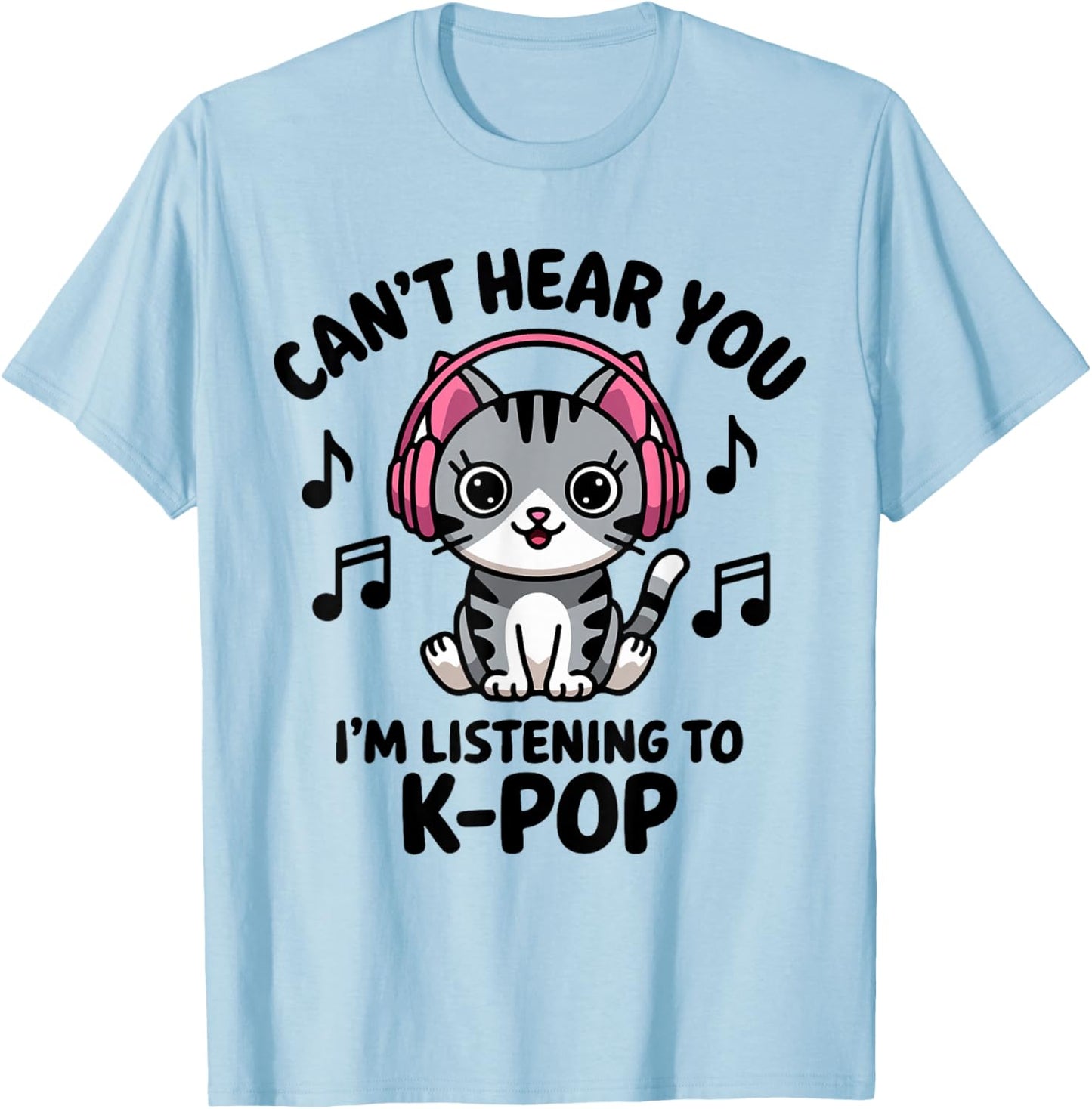 Cute Cat Listening to K-Pop Music Headphones Lovers T-Shirt - T-Shirt | Light Blue
