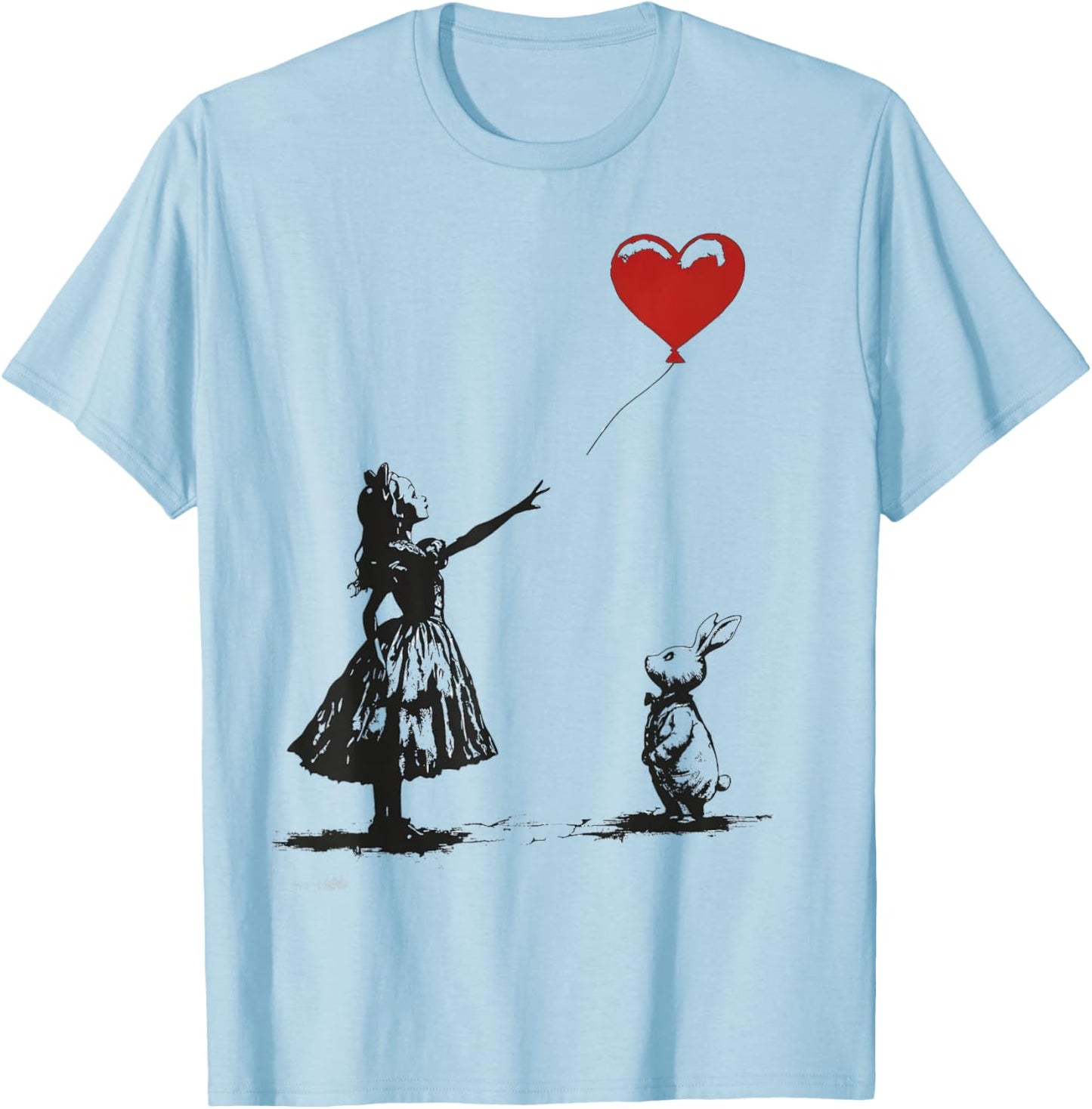 Alice in Wonderland with Balloon Rabbit Whimsical Fantasy T-Shirt - T-Shirt | Light Blue