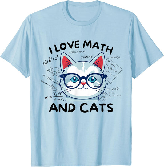 I Love Math And Cats Cute Kitty Cat Feline Lover Gift Men Women Kids T-Shirt - T-Shirt | Light Blue